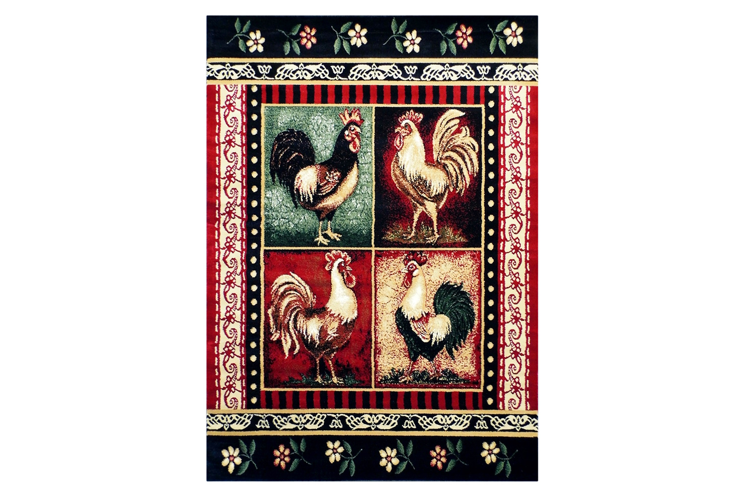 BLNK Gallus Collection Olefin Rooster Themed Area Rug with Jute Backing for Kitchen - Red, 5'W x 7'L