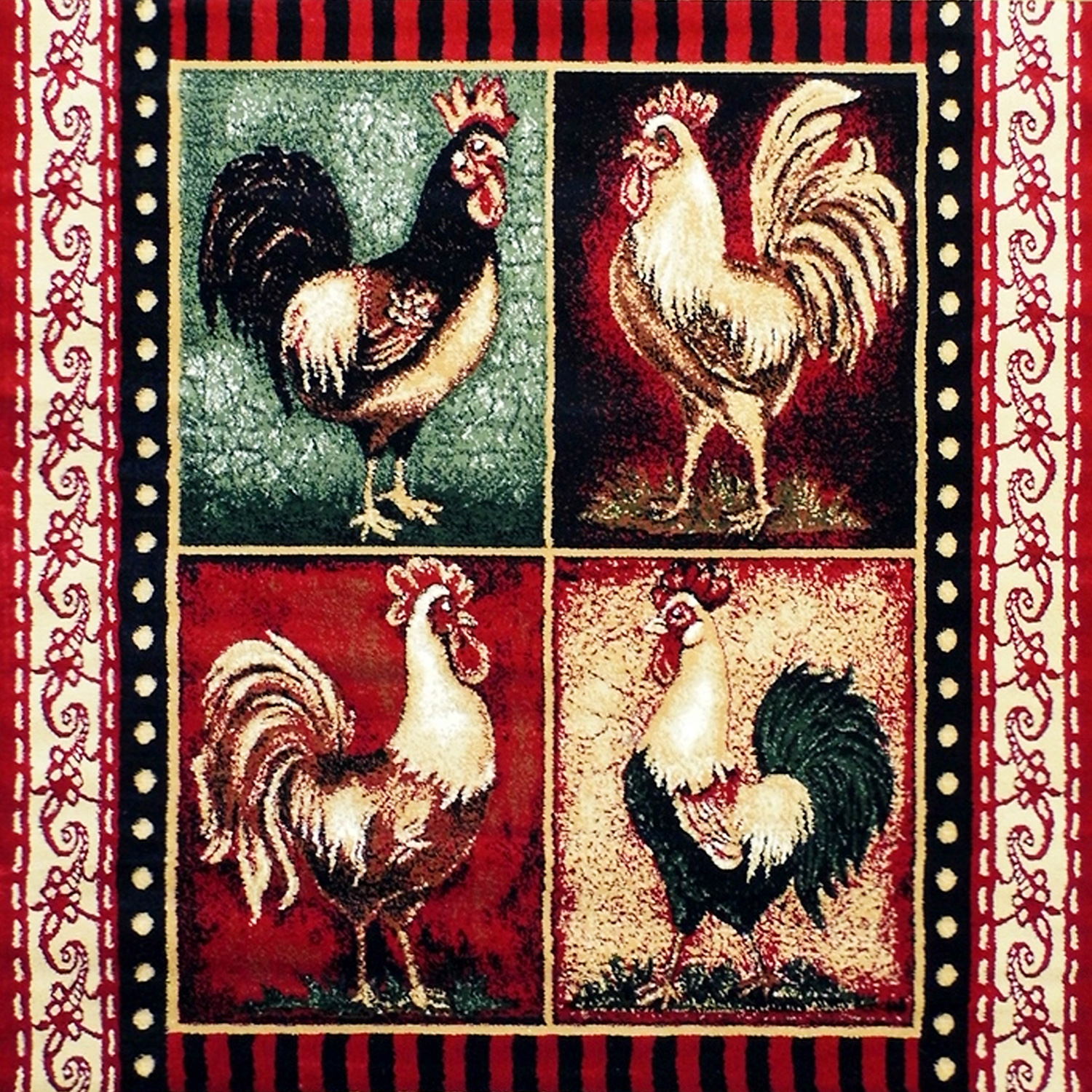 BLNK Gallus Collection Olefin Rooster Themed Area Rug with Jute Backing for Kitchen - Red, 5'W x 7'L