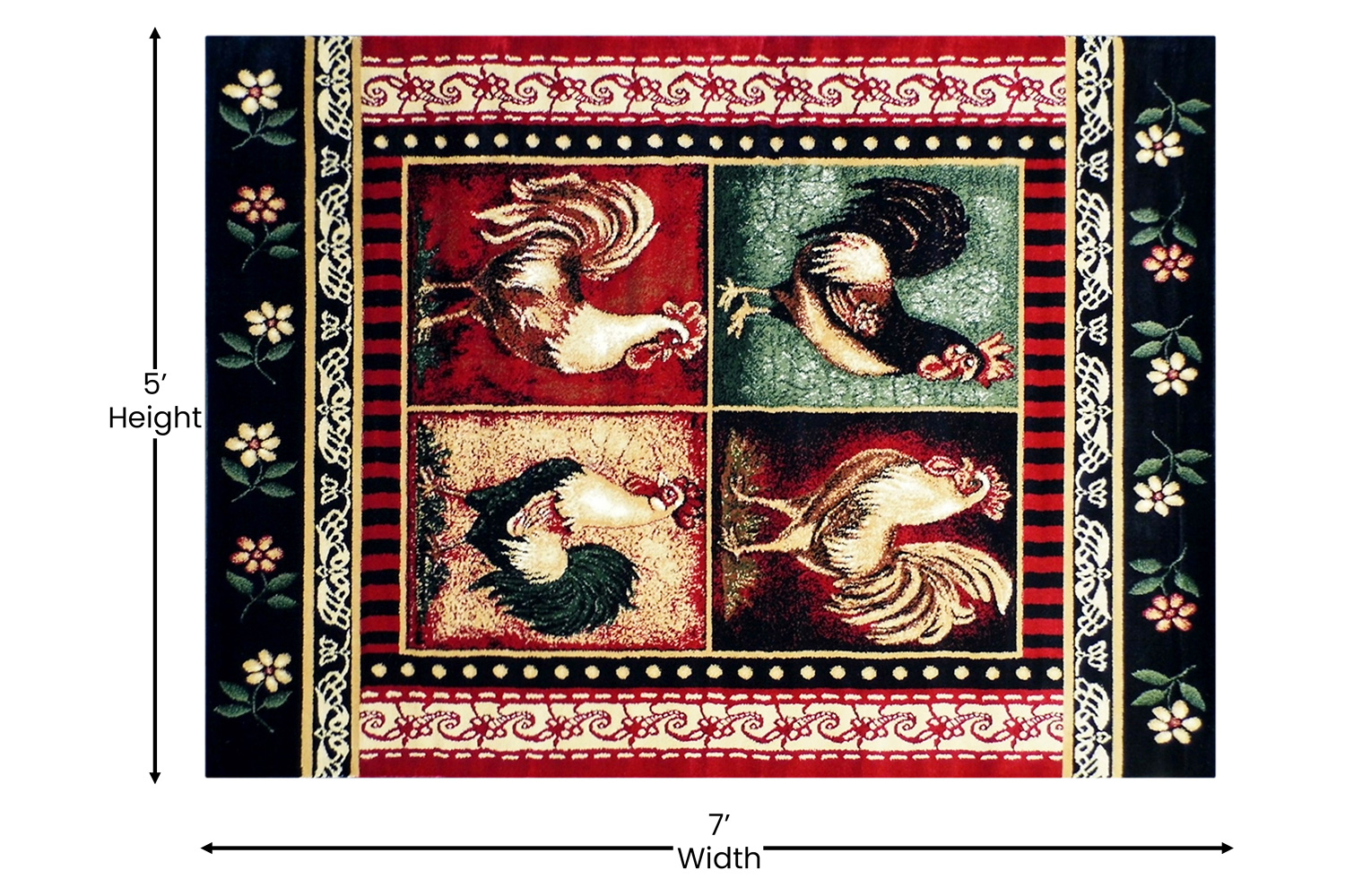 BLNK Gallus Collection Olefin Rooster Themed Area Rug with Jute Backing for Kitchen - Red, 5'W x 7'L