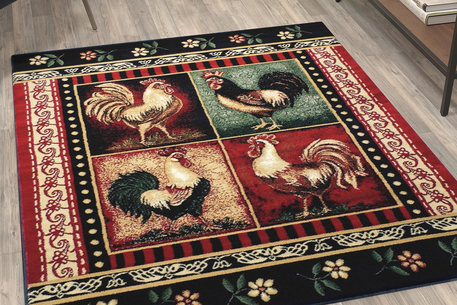 BLNK Gallus Collection Olefin Rooster Themed Area Rug with Jute Backing for Kitchen