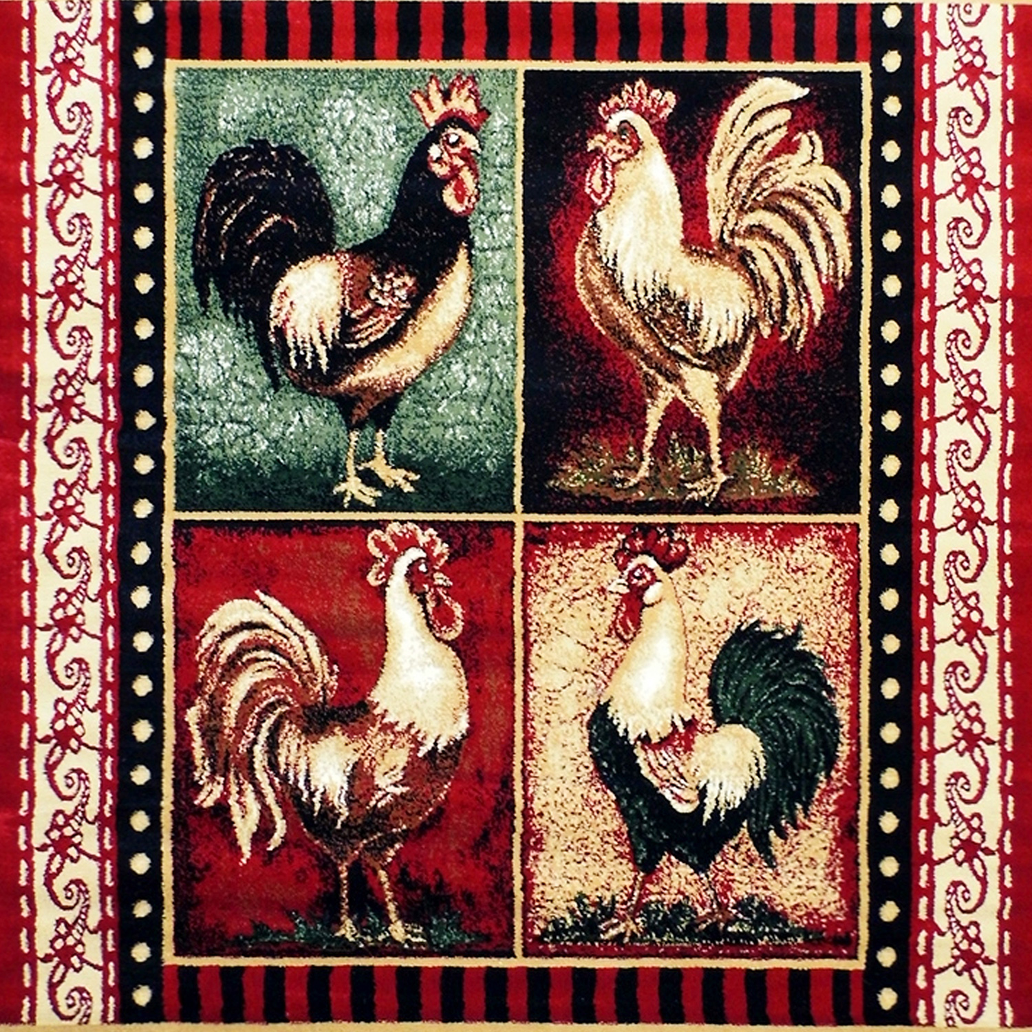 BLNK Gallus Collection Olefin Rooster Themed Area Rug with Jute Backing for Kitchen - Red, 4'W x 5'L