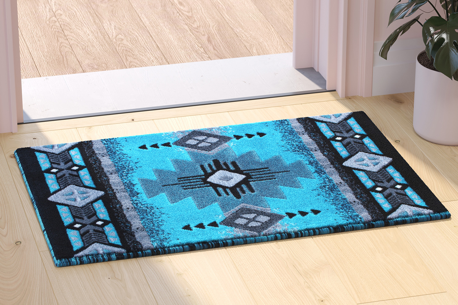 BLNK Mohave Collection Southwestern Style Olefin Traditional Area Rug with Jute Backing - Turquoise, 2'W x 3'L