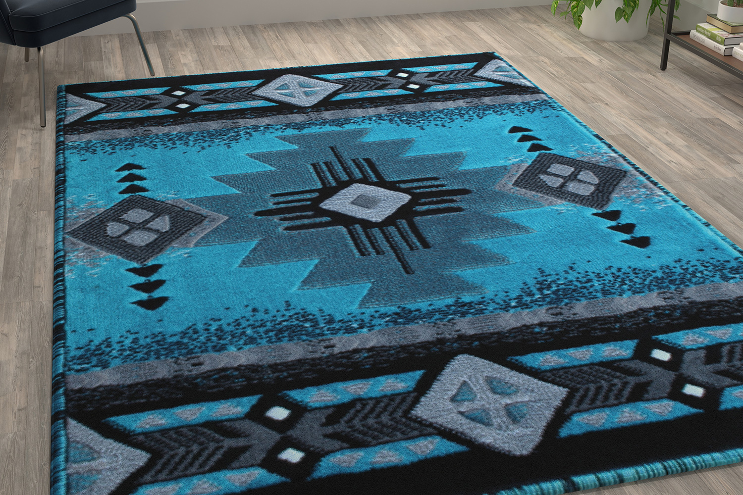 BLNK Mohave Collection Southwestern Style Olefin Traditional Area Rug with Jute Backing - Turquoise, 6'W x 9'L