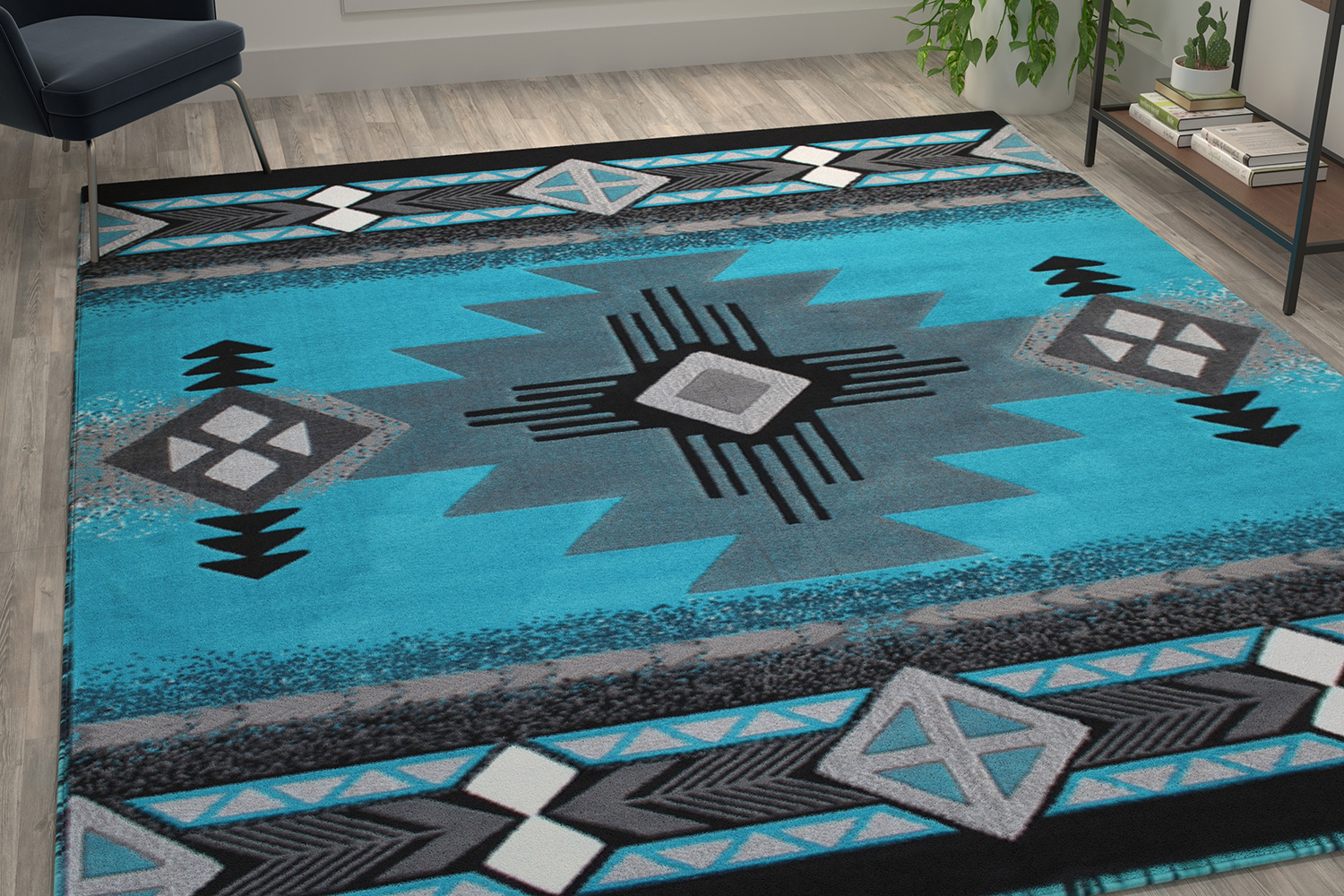 BLNK Mohave Collection Southwestern Style Olefin Traditional Area Rug with Jute Backing - Turquoise, 8'W x 10'L