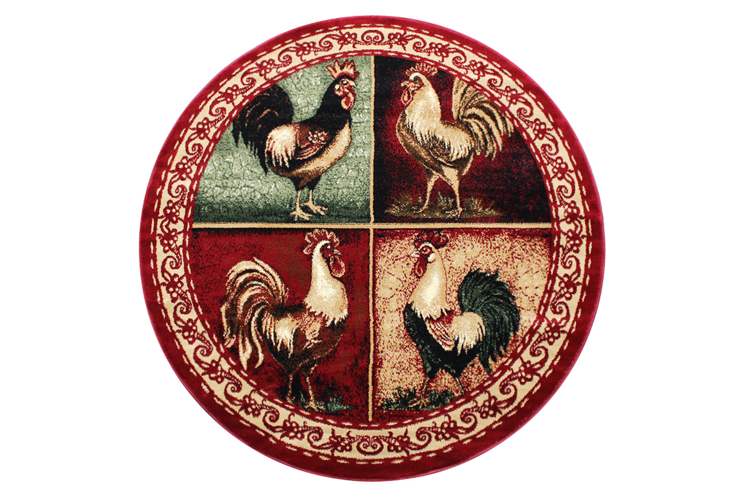 BLNK - Gallus Collection Round Olefin Rooster Themed Area Rug with Jute Backing for Kitchen