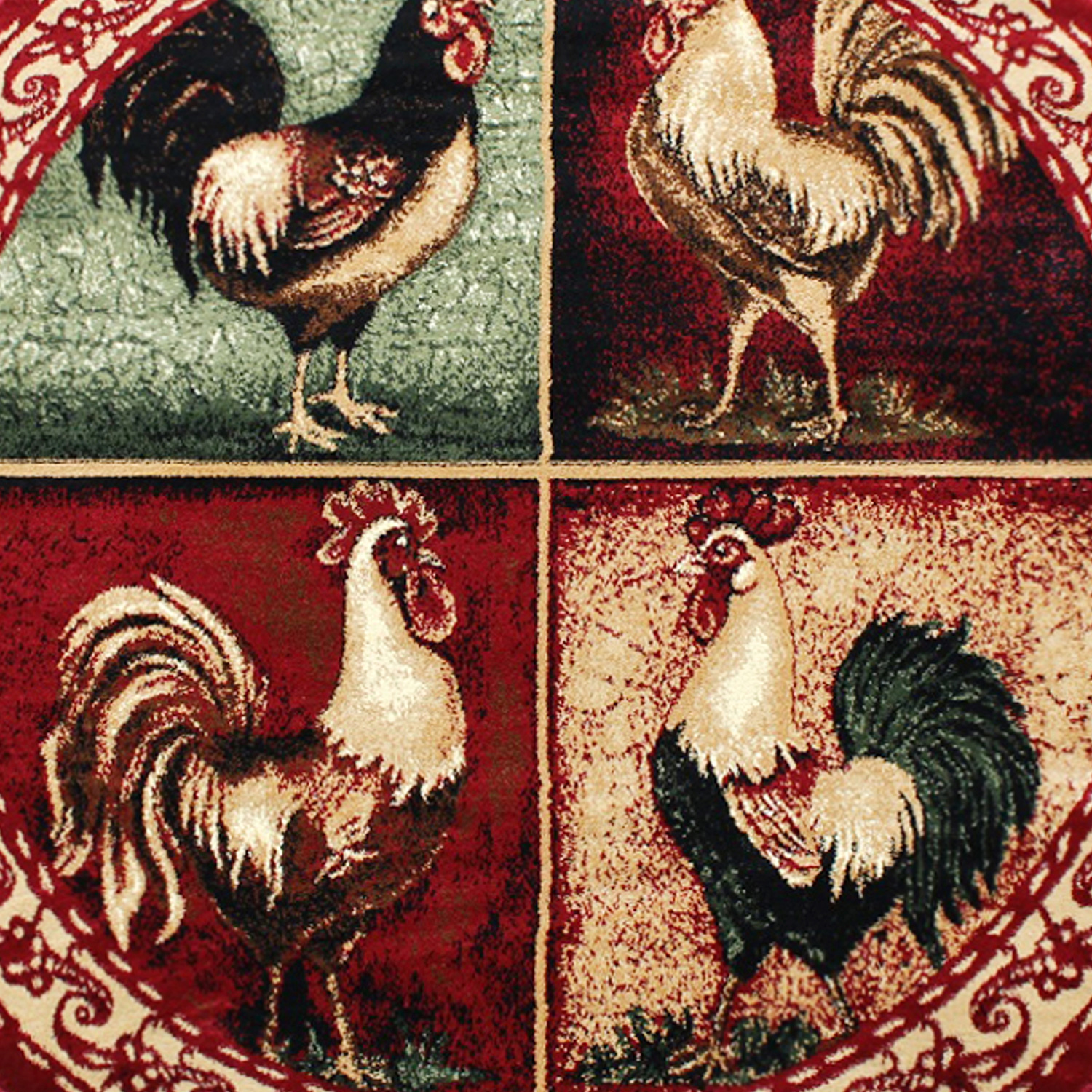 BLNK Gallus Collection Round Olefin Rooster Themed Area Rug with Jute Backing for Kitchen - Red, 4'W x 4'L