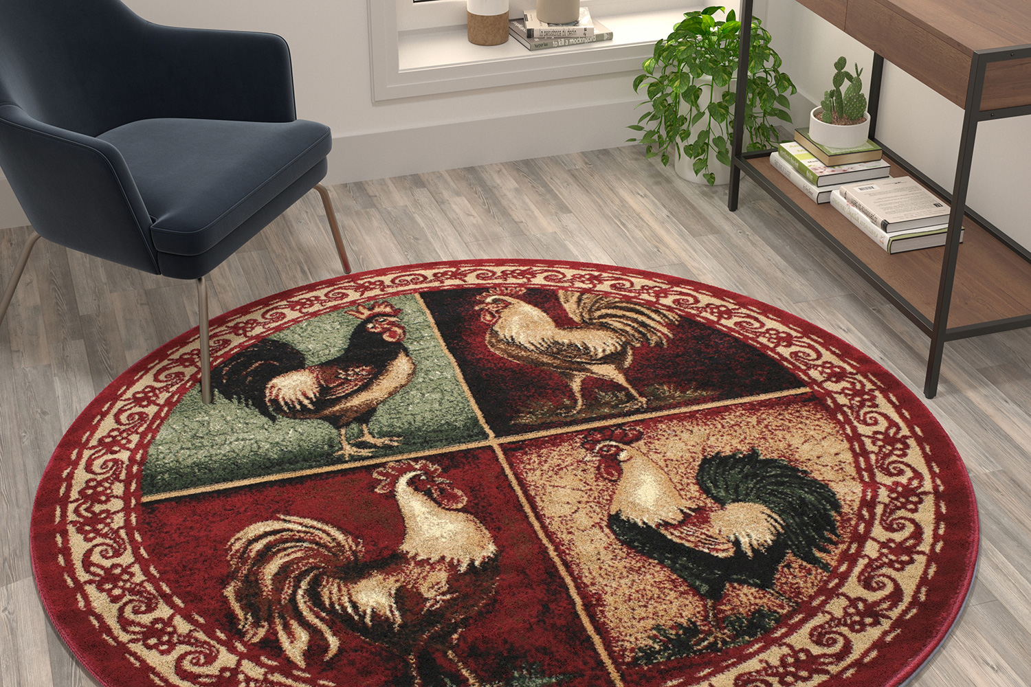 BLNK Gallus Collection Round Olefin Rooster Themed Area Rug with Jute Backing for Kitchen - Red, 6'W x 6'L