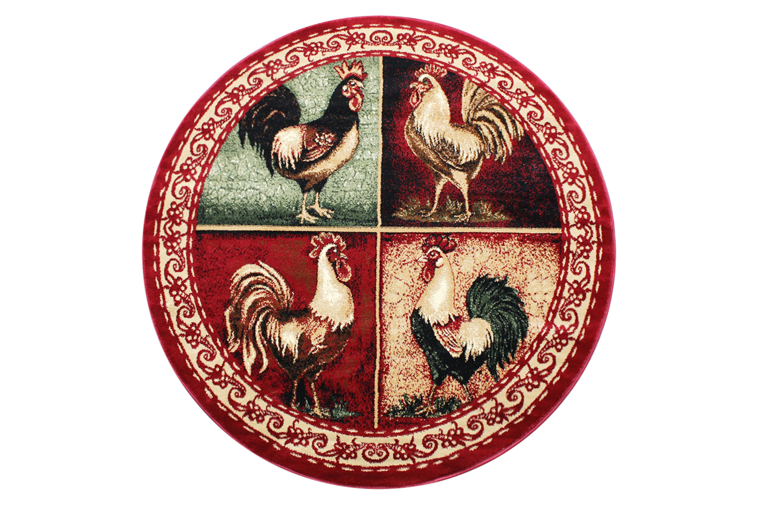 BLNK Gallus Collection Round Olefin Rooster Themed Area Rug with Jute Backing for Kitchen - Red, 6'W x 6'L