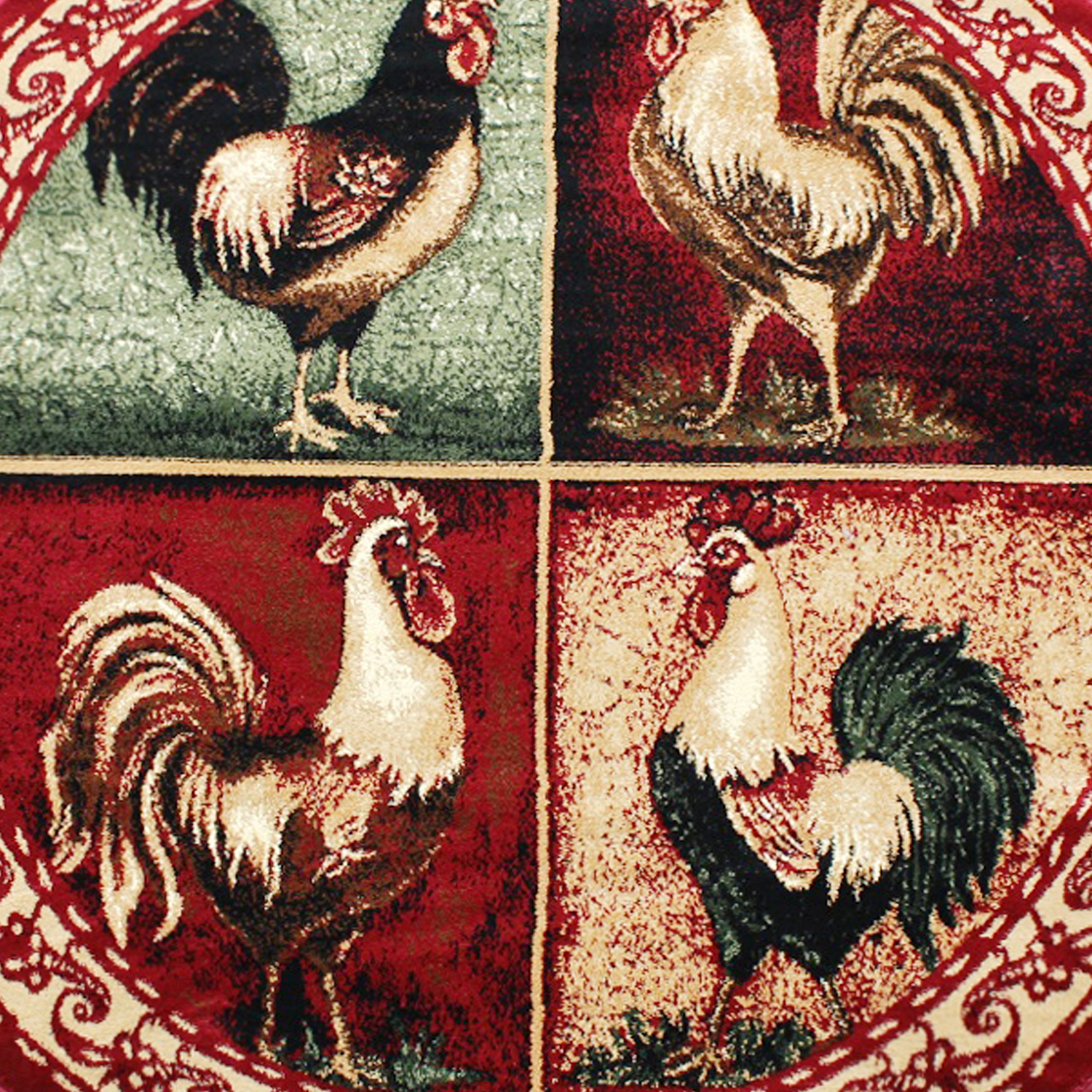 BLNK Gallus Collection Round Olefin Rooster Themed Area Rug with Jute Backing for Kitchen - Red, 6'W x 6'L