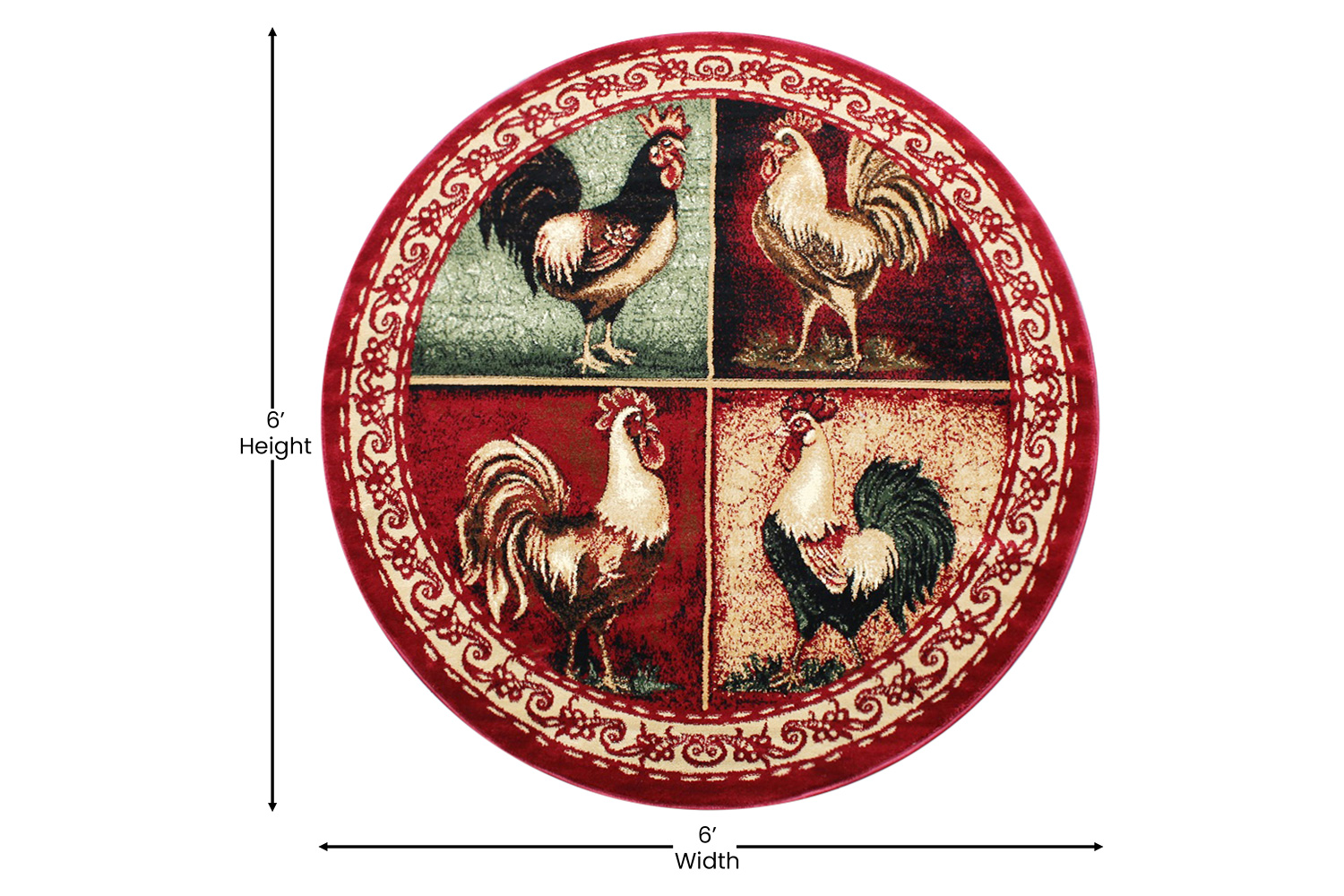 BLNK Gallus Collection Round Olefin Rooster Themed Area Rug with Jute Backing for Kitchen - Red, 6'W x 6'L