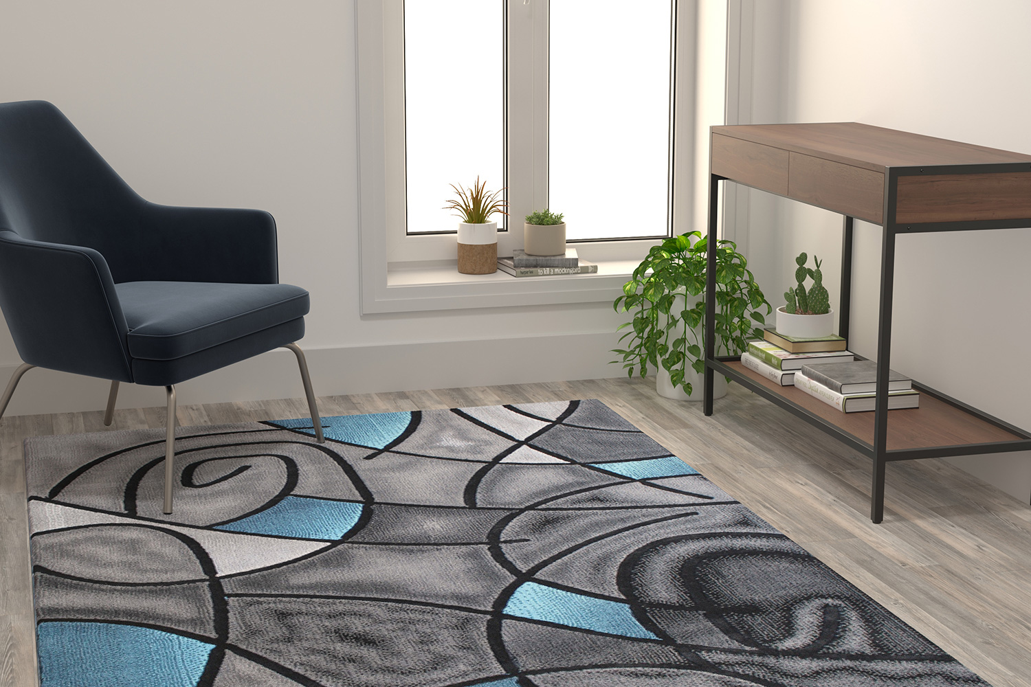 BLNK Jubilee Collection Abstract Olefin Area Rug with Jute Backing - Blue, 5'W x 7'L