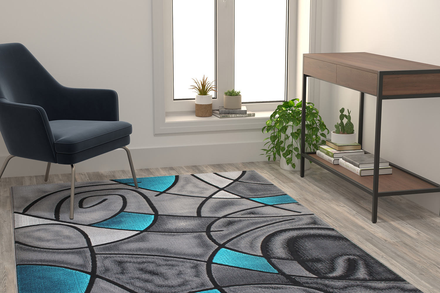 BLNK Jubilee Collection Abstract Olefin Area Rug with Jute Backing - Turquoise, 5'W x 7'L