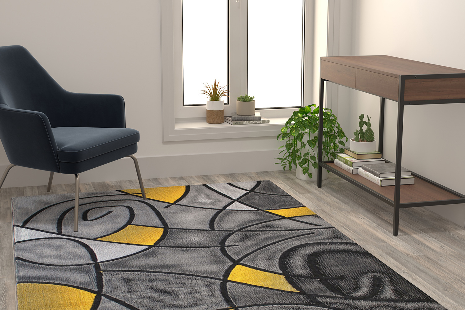 BLNK Jubilee Collection Abstract Olefin Area Rug with Jute Backing - Yellow, 5'W x 7'L