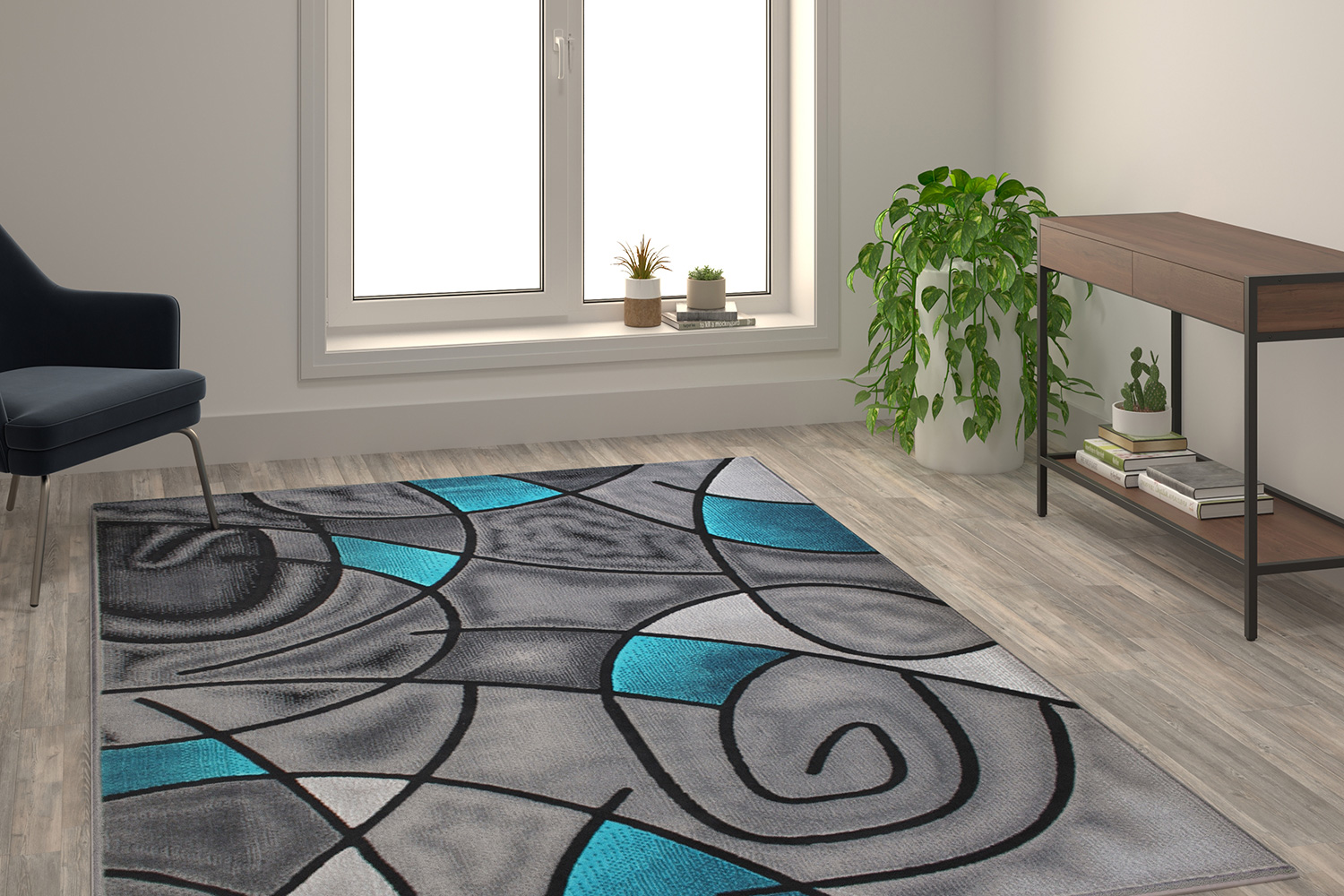 BLNK Jubilee Collection Abstract Olefin Area Rug with Jute Backing - Turquoise, 6'W x 9'L