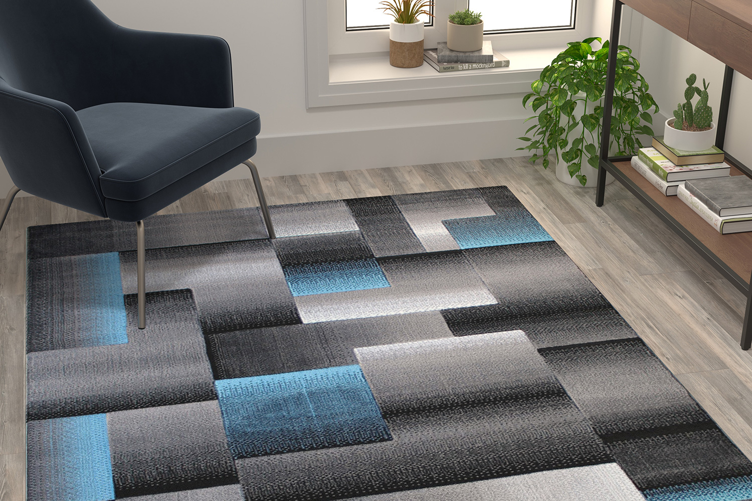 BLNK Elio Collection Olefin Color Blocked Area Rug with Jute Backing