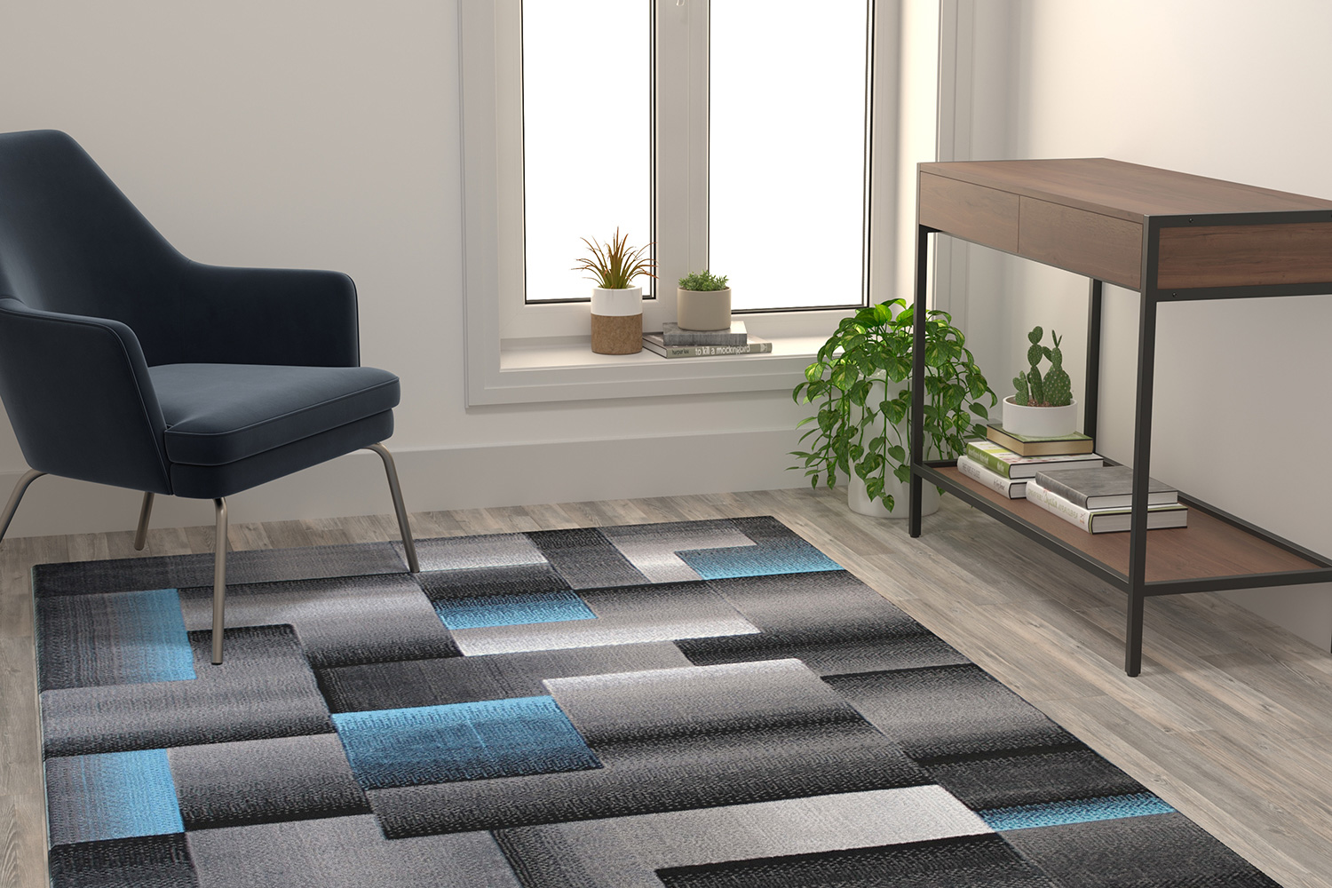 BLNK Elio Collection Olefin Color Blocked Area Rug with Jute Backing - Blue, 5'W x 7'L