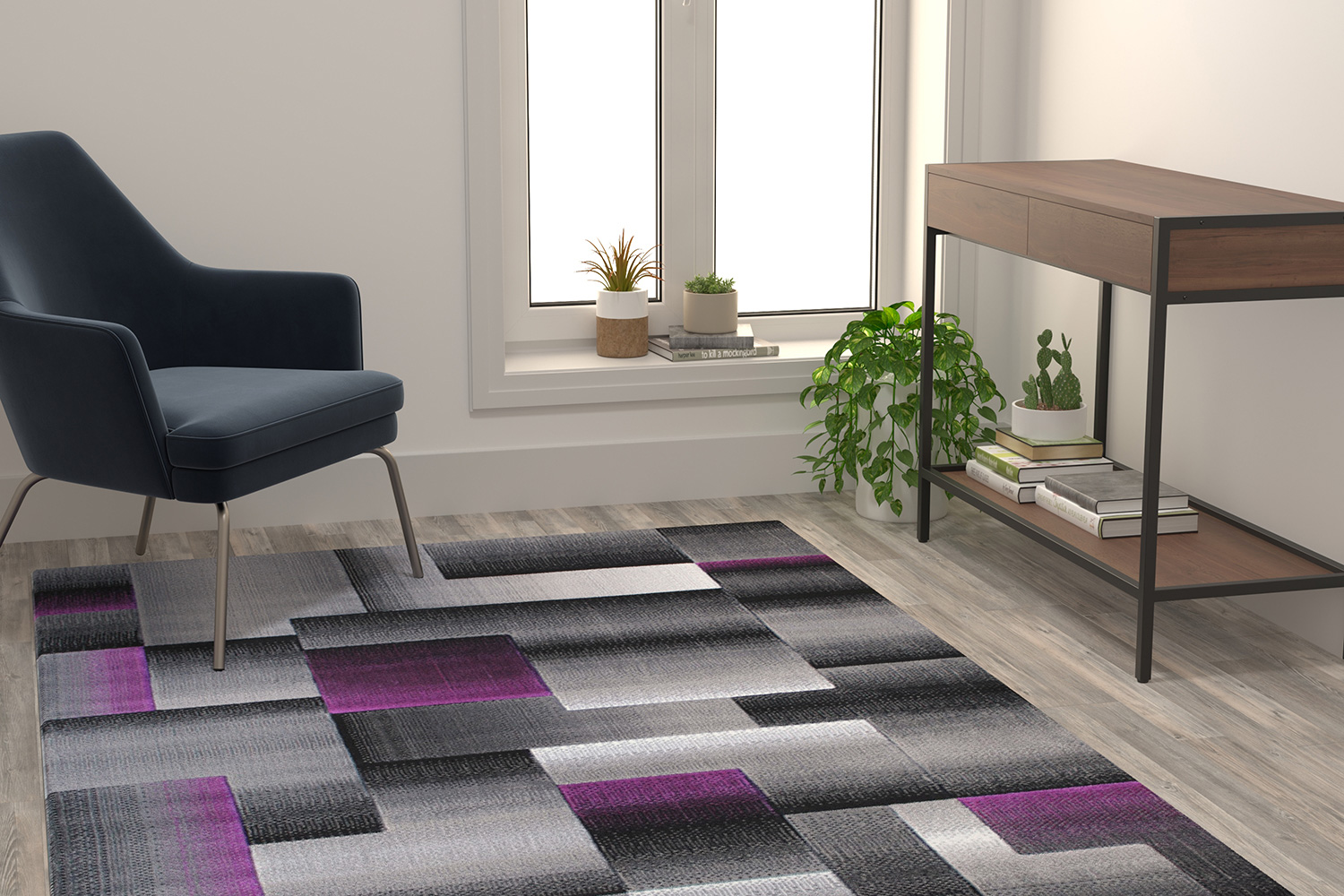 BLNK Elio Collection Olefin Color Blocked Area Rug with Jute Backing - Purple, 5'W x 7'L