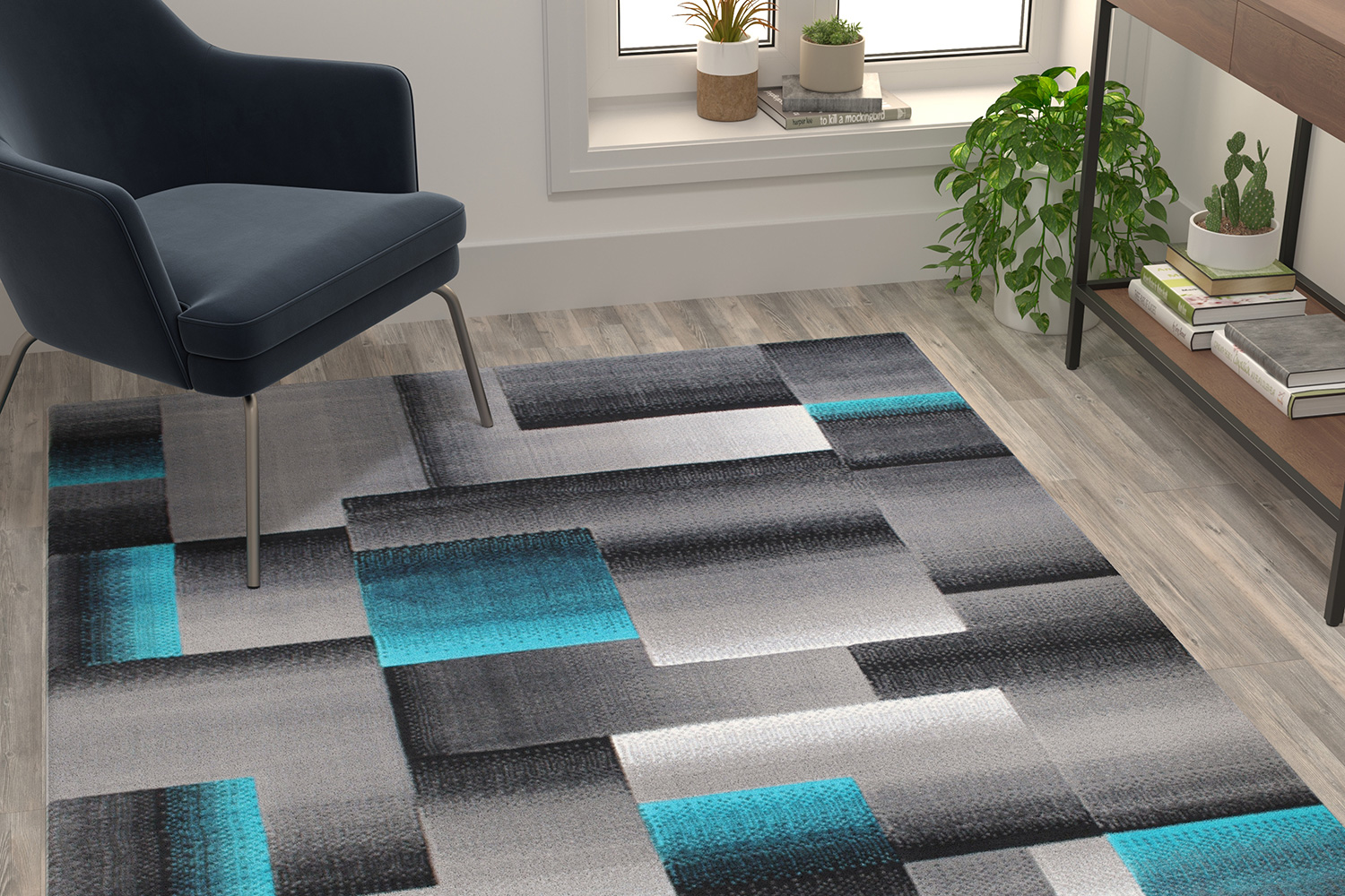 BLNK Elio Collection Olefin Color Blocked Area Rug with Jute Backing