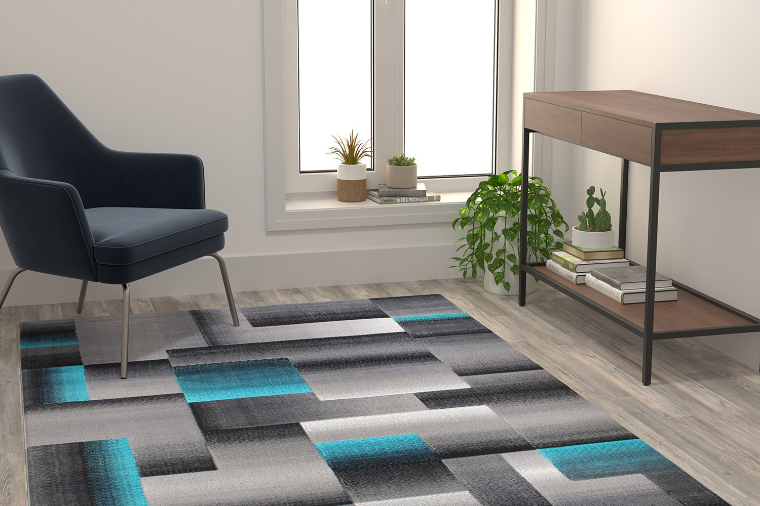 BLNK Elio Collection Olefin Color Blocked Area Rug with Jute Backing - Turquoise, 5'W x 7'L