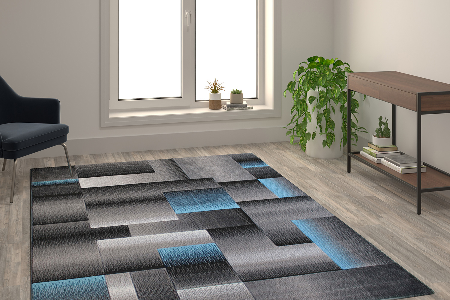 BLNK Elio Collection Olefin Color Blocked Area Rug with Jute Backing - Blue, 6'W x 9'L