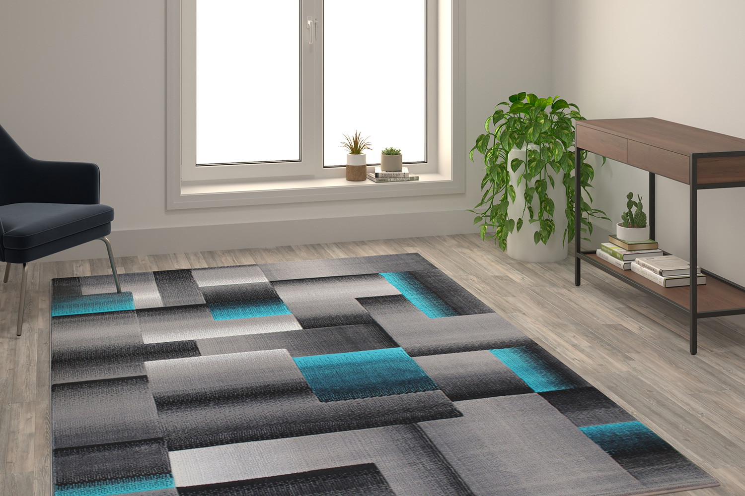 BLNK Elio Collection Olefin Color Blocked Area Rug with Jute Backing