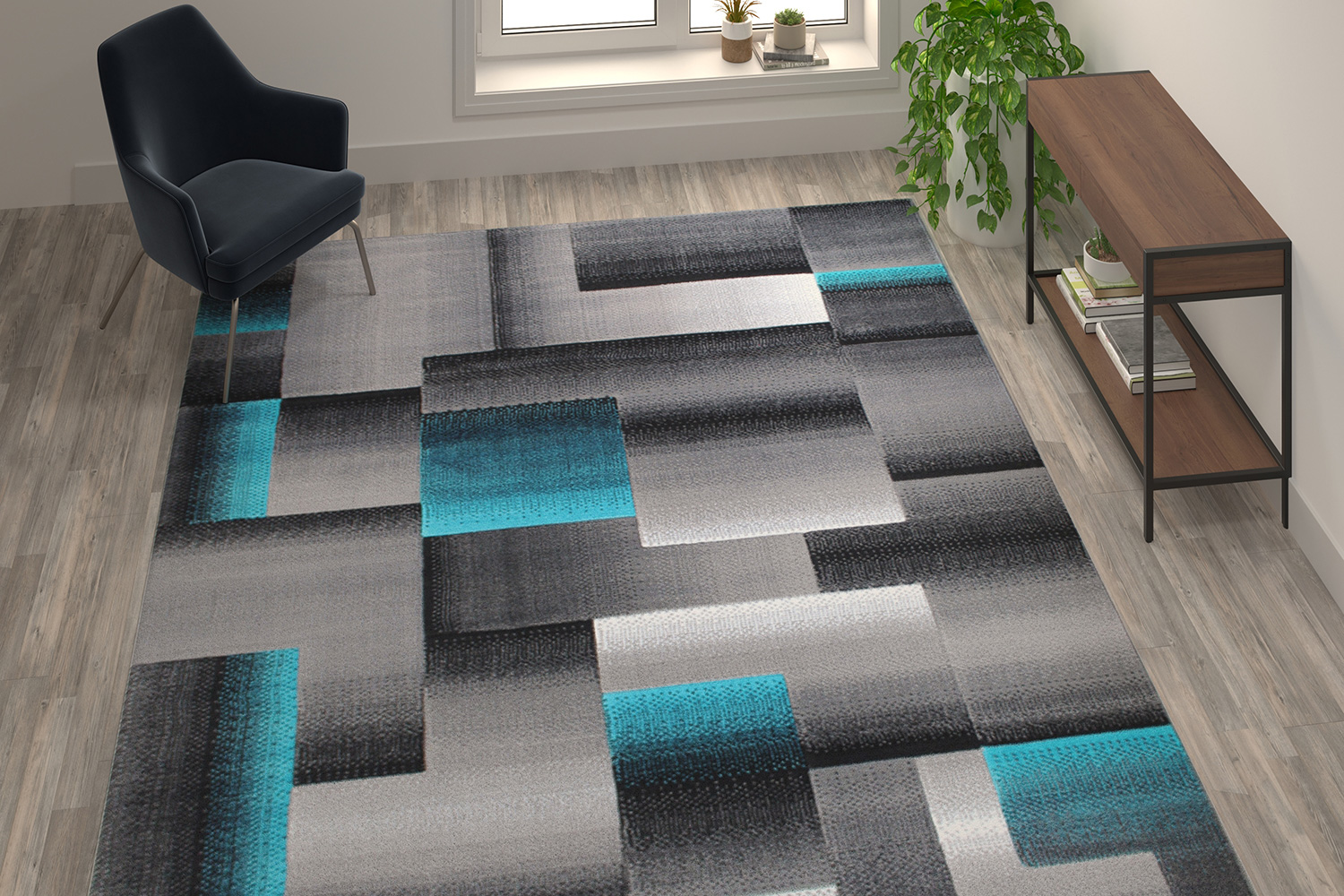 BLNK Elio Collection Olefin Color Blocked Area Rug with Jute Backing