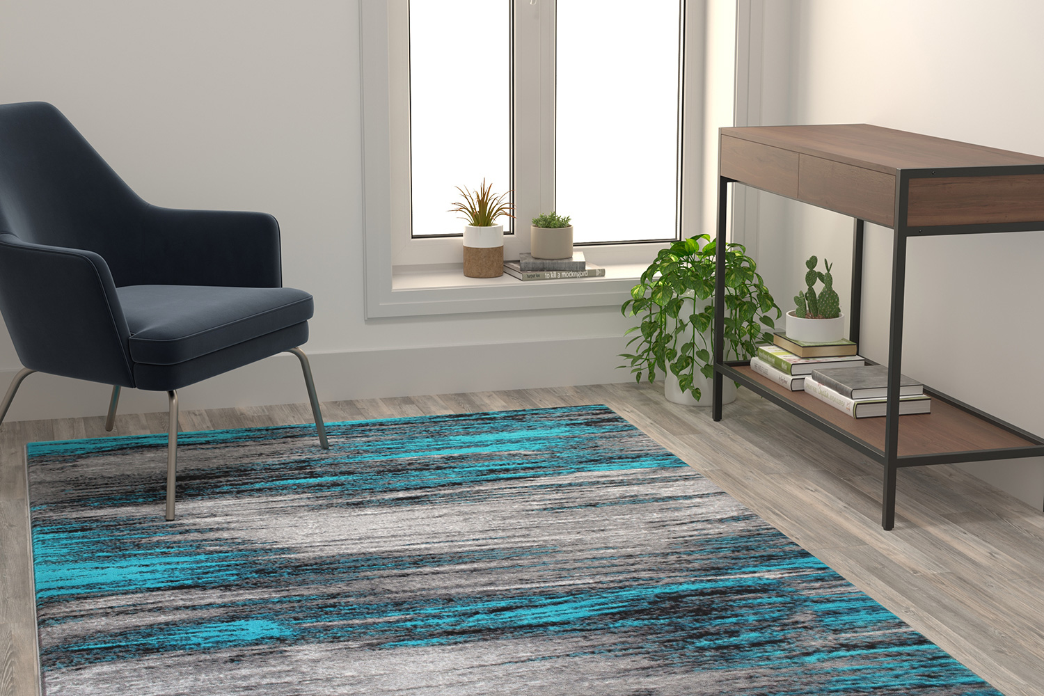 BLNK Rylan Collection Olefin Scraped Design Area Rug with Jute Backing - Turquoise, 5'W x 7'L