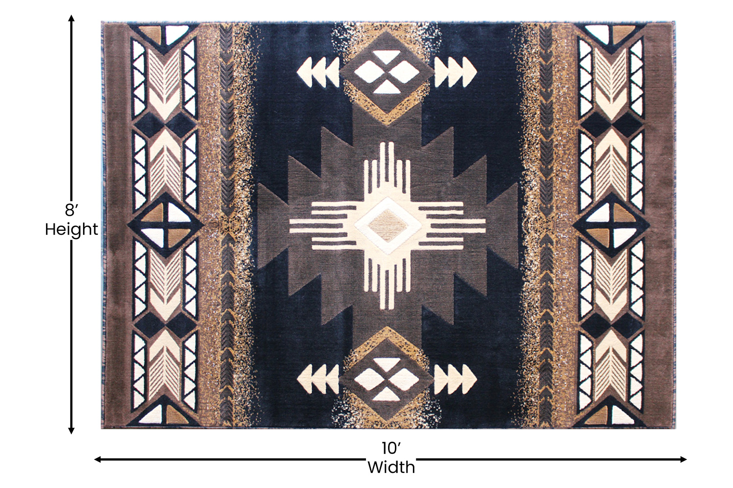 BLNK Mohave Collection Southwestern Style Olefin Traditional Area Rug with Jute Backing - Black, 8'W x 10'L