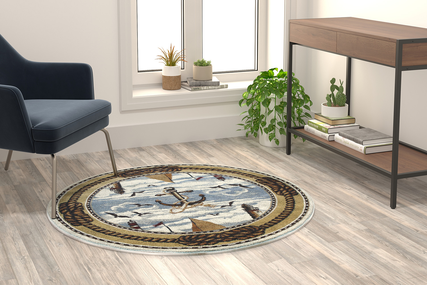 BLNK - Edmund Collection Round Nautical Themed Area Rug with Jute Backing