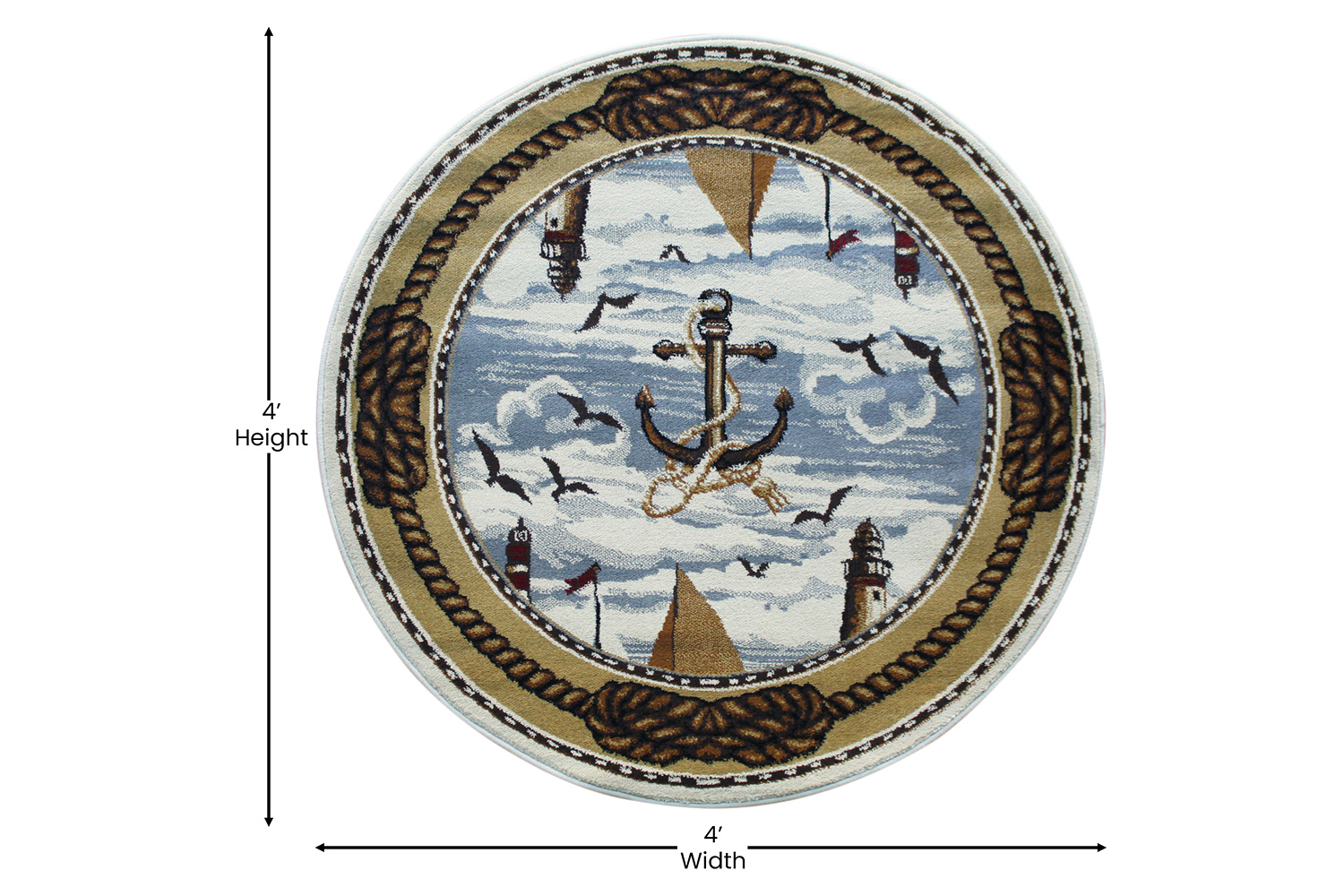 BLNK - Edmund Collection Round Nautical Themed Area Rug with Jute Backing