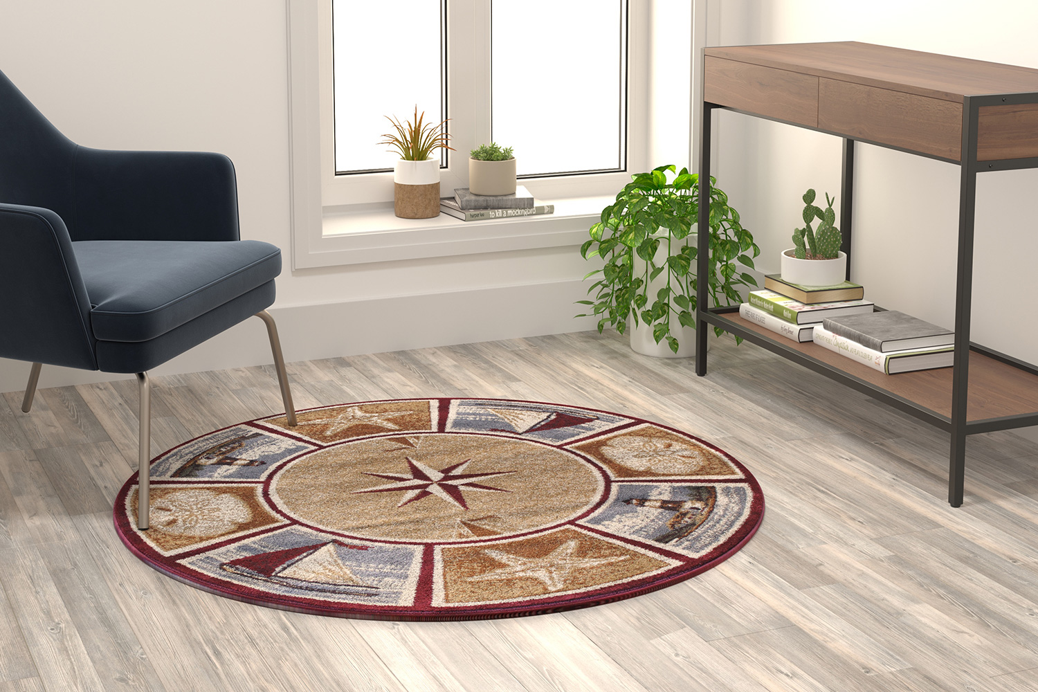 BLNK - Inis Collection Round Nautical Area Rug with Jute Backing