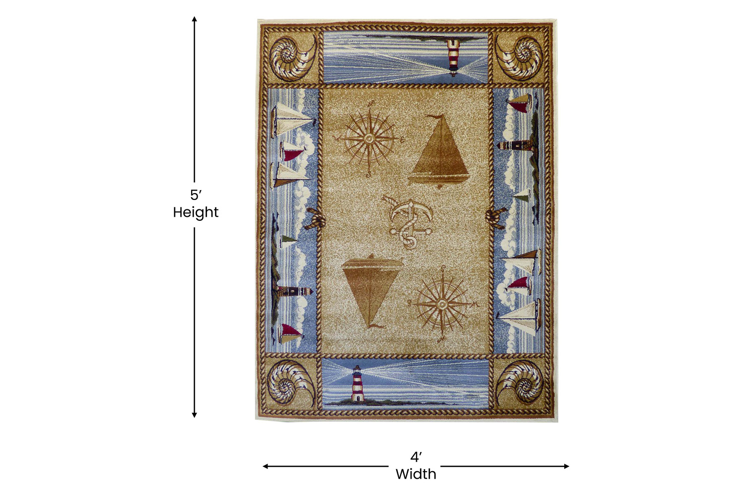 BLNK Sovalye Collection Nautical Themed Area Rug with Jute Backing - Beige, 3'W x 5'L