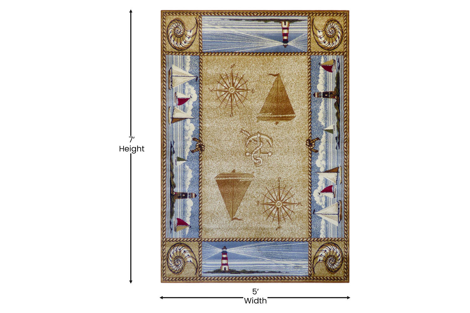 BLNK Sovalye Collection Nautical Themed Area Rug with Jute Backing - Beige, 5'W x 7'L