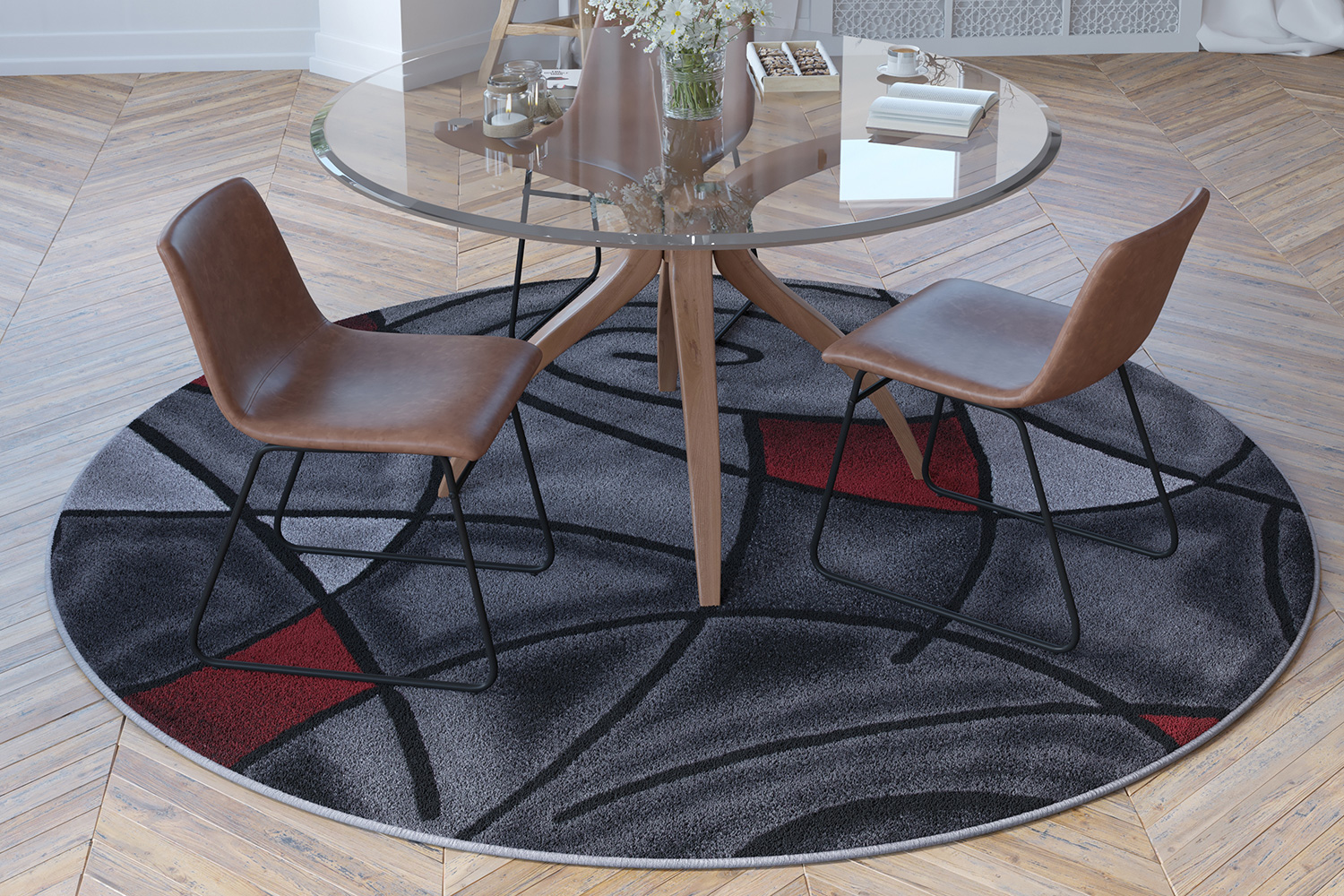 BLNK Jubilee Collection Style 2 Abstract Round Olefin Area Rug with Jute Backing - Red, 7'W x 7'L