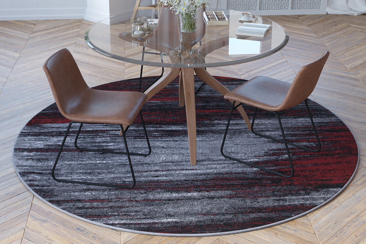 BLNK Rylan Collection Abstract Round Olefin Area Rug with Jute Backing - Red, 7'W x 7'L