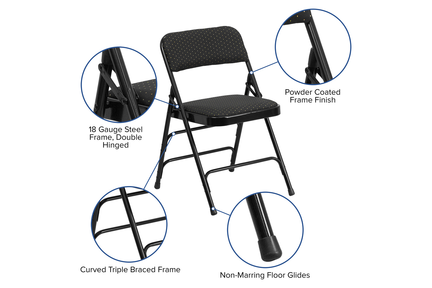 BLNK HERCULES Series Fabric Curved Triple Braced and Double Hinged Patterned Metal Folding Chair - Black