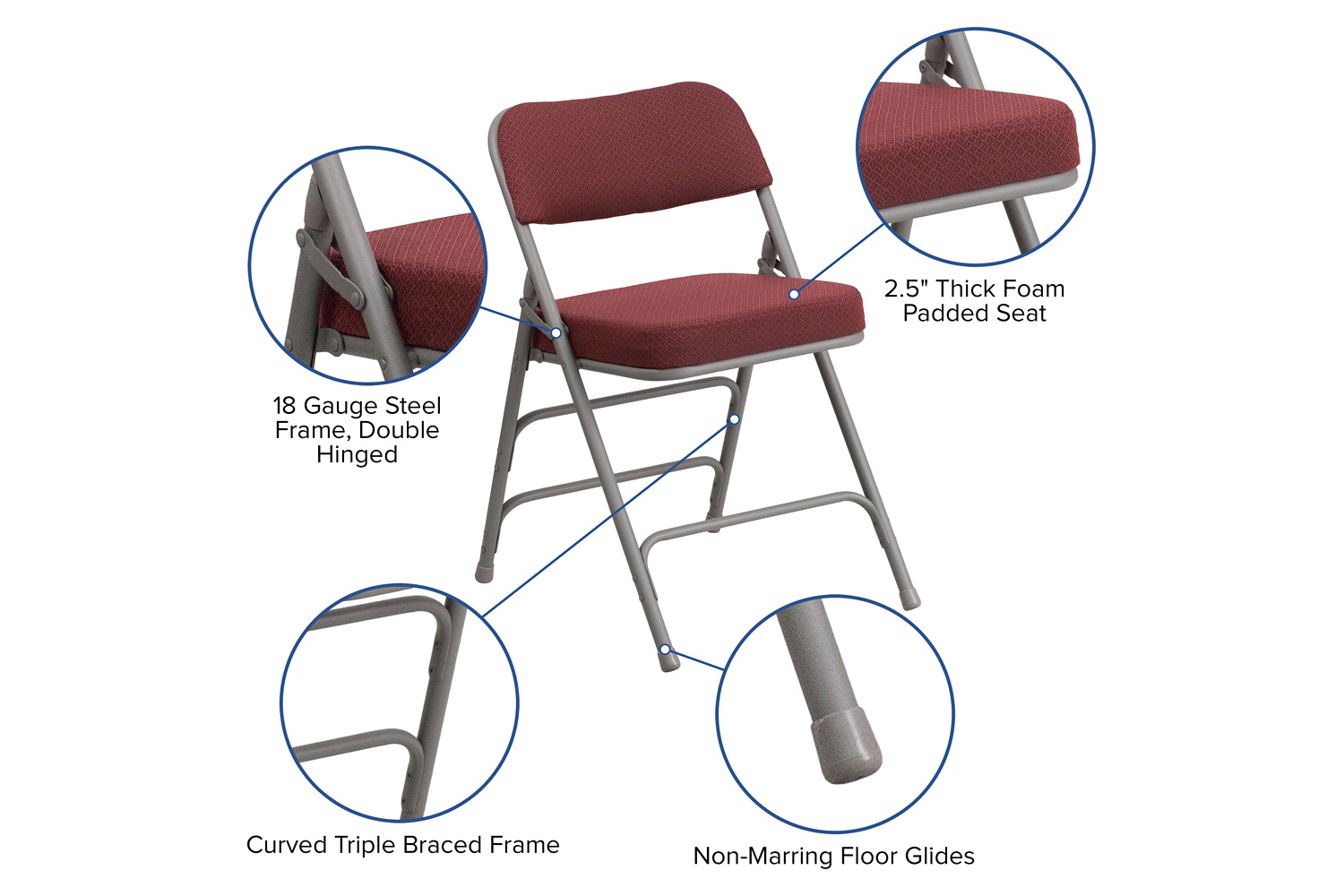 BLNK HERCULES Series Style 1 Fabric Premium Curved Triple Braced and Double Hinged Metal Folding Chair - Burgundy