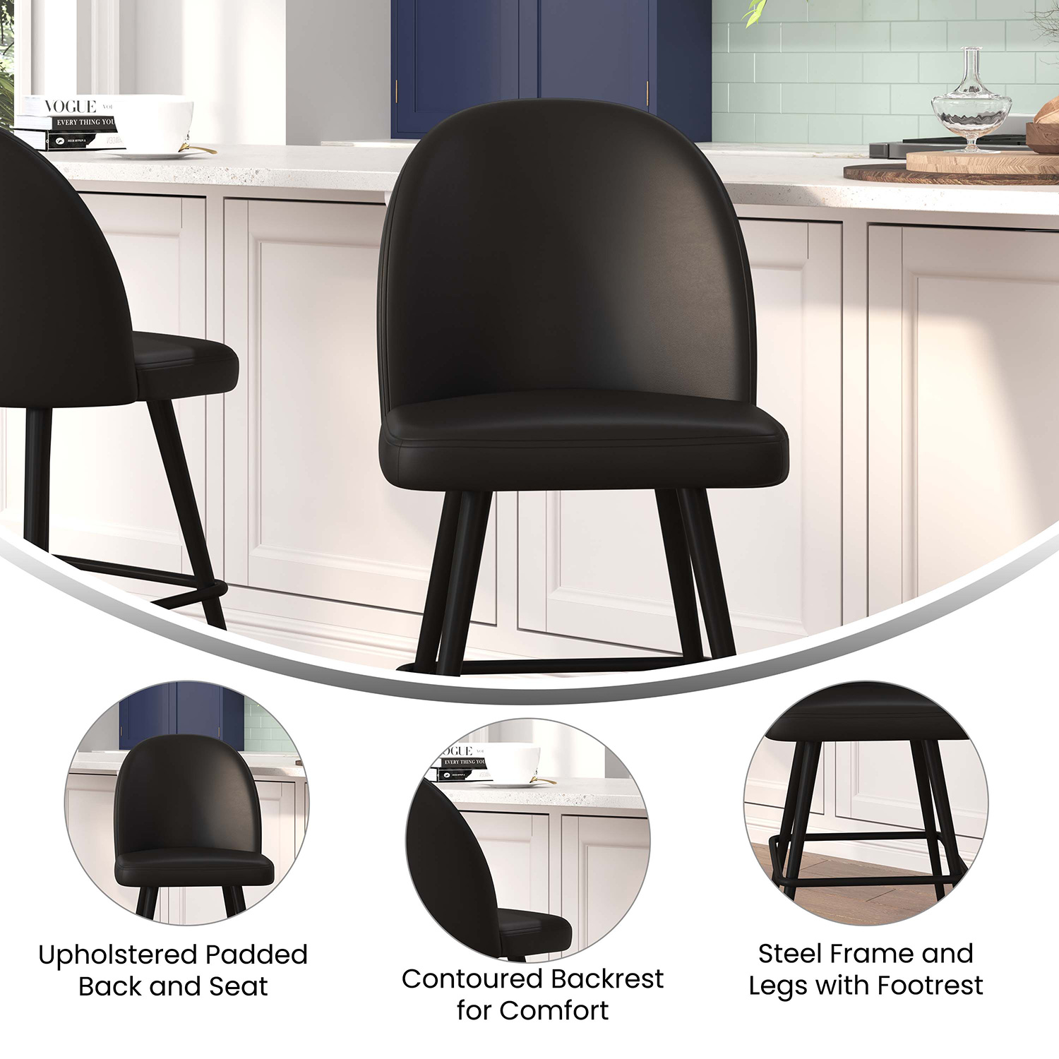 BLNK Lyla Commercial LeatherSoft High-Back Modern Armless Counter Stools with Contoured Backrests, Steel Frames and Footrests Set of 2 - Black