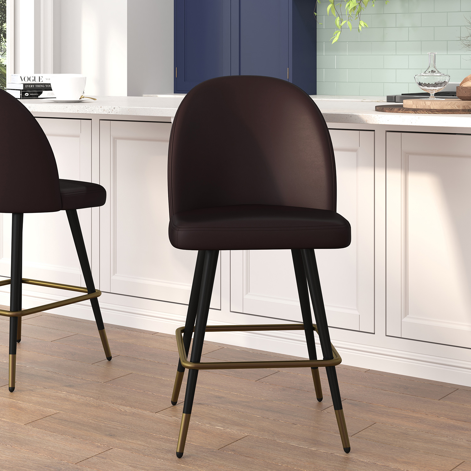 BLNK Lyla Commercial LeatherSoft High-Back Modern Armless Counter Stools with Contoured Backrests, Steel Frames and Footrests Set of 2