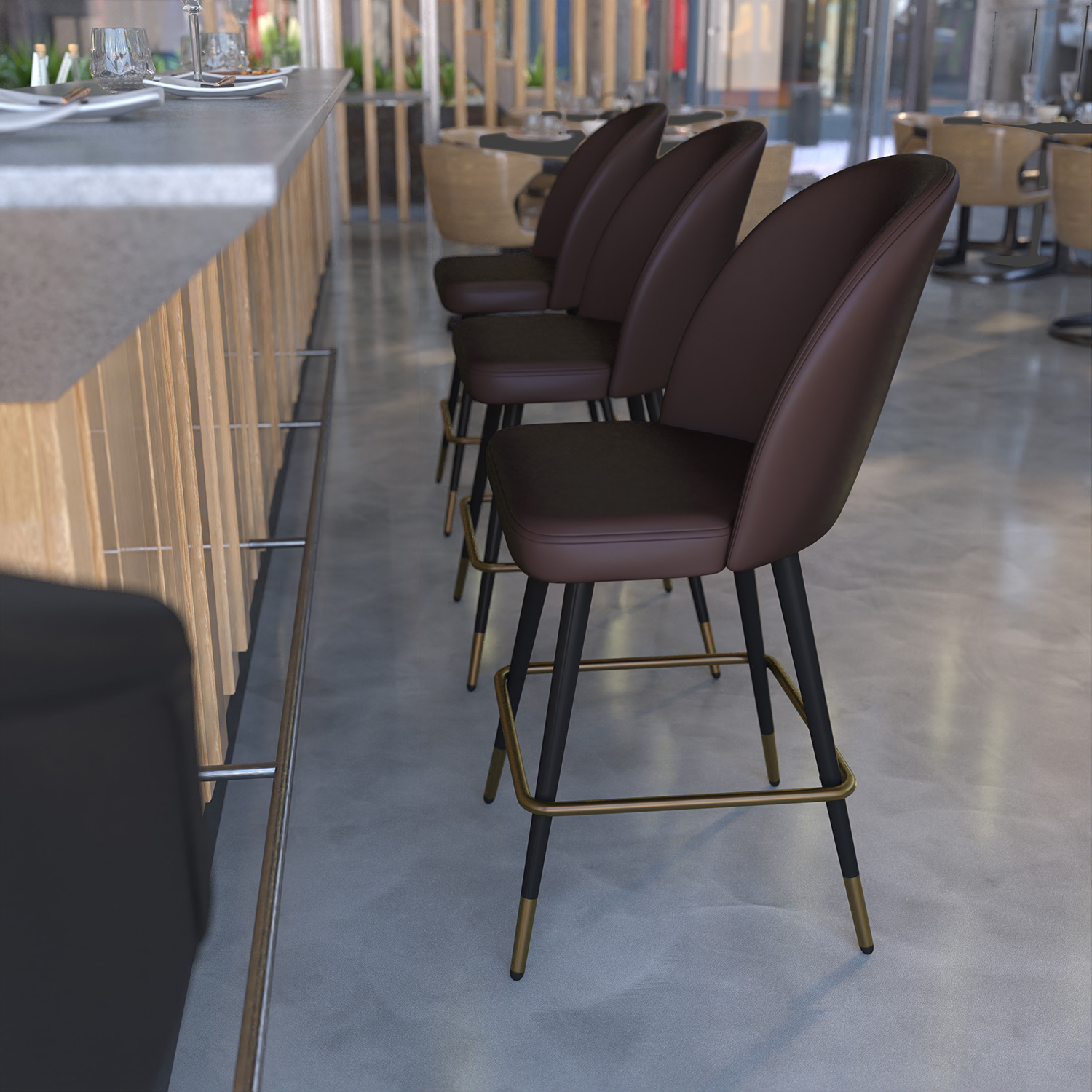 BLNK Lyla Commercial LeatherSoft High-Back Modern Armless Counter Stools with Contoured Backrests, Steel Frames and Footrests Set of 2 - Brown