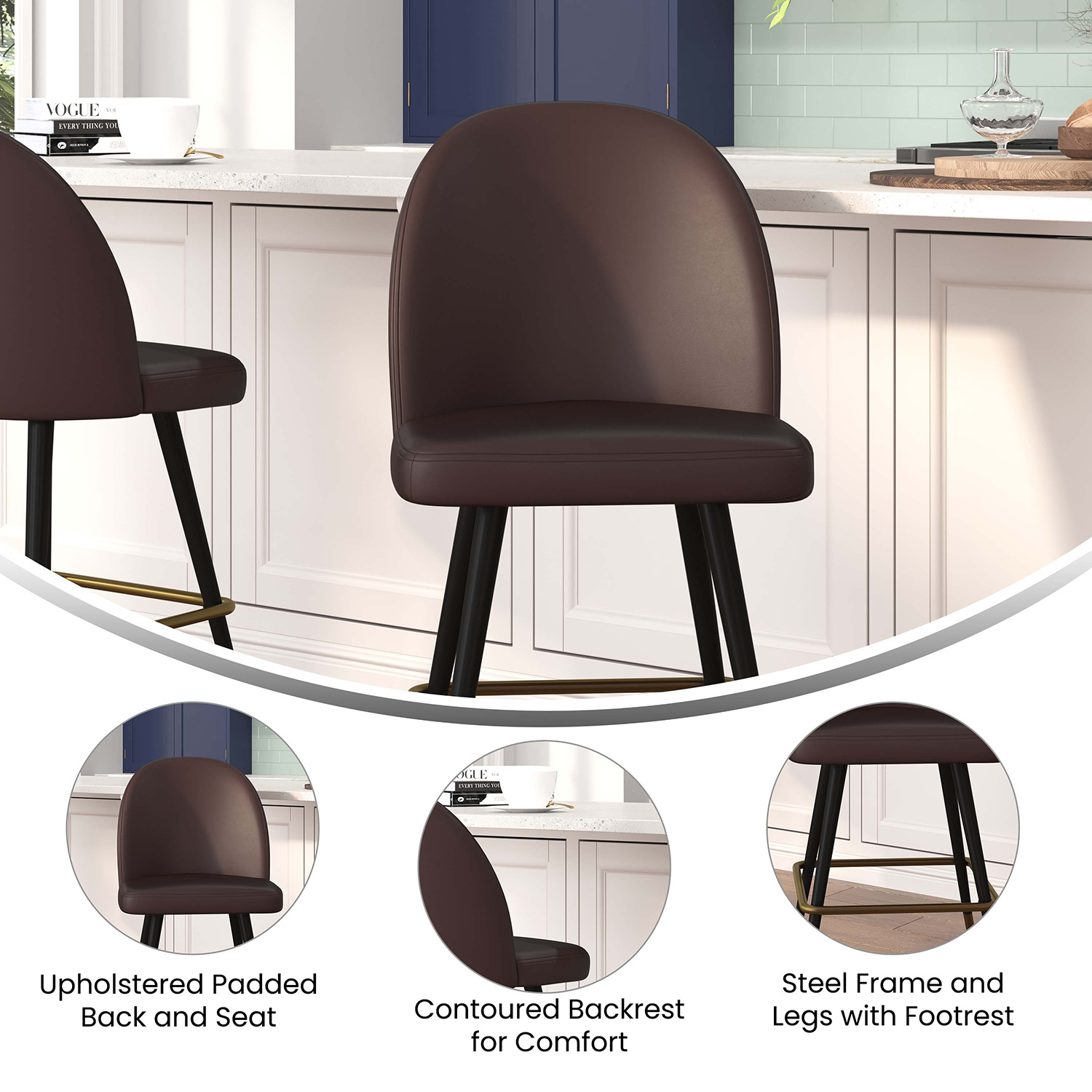 BLNK Lyla Commercial LeatherSoft High-Back Modern Armless Counter Stools with Contoured Backrests, Steel Frames and Footrests Set of 2 - Brown