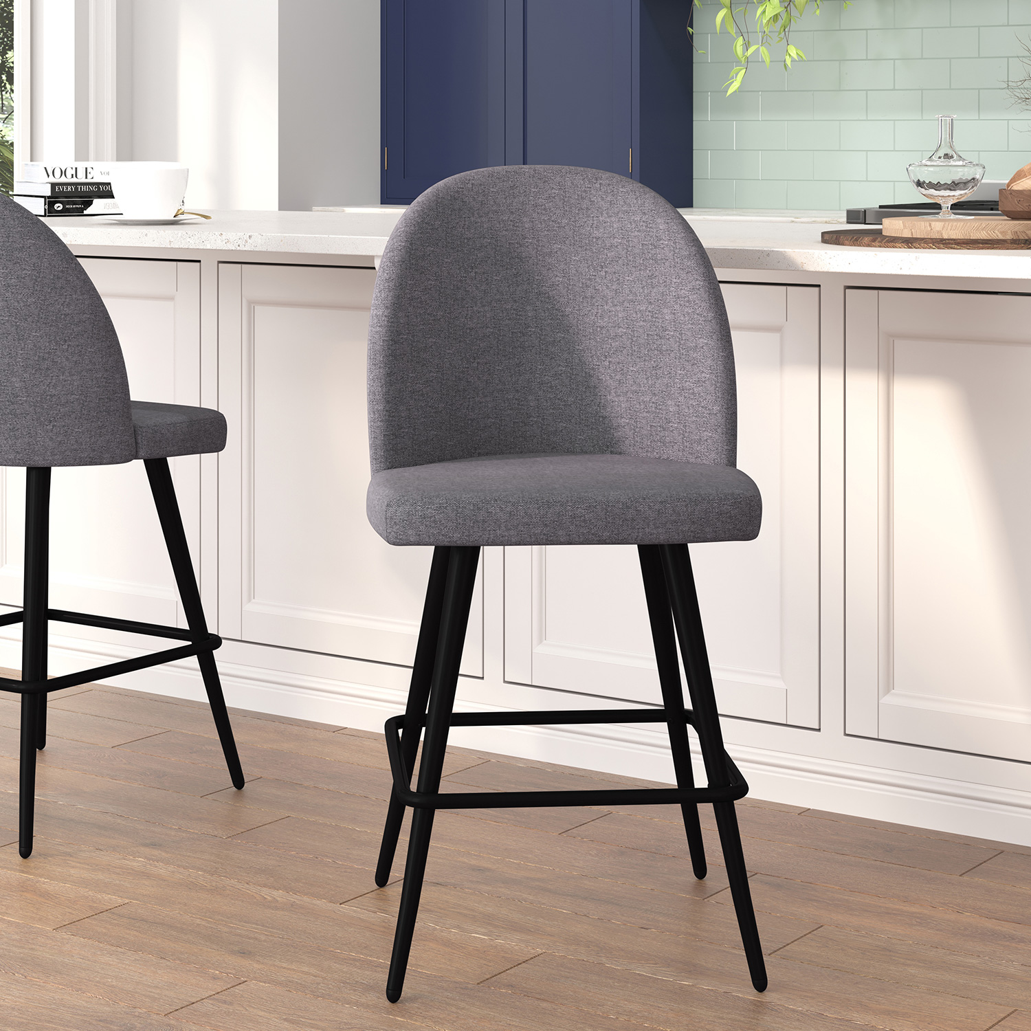 BLNK - Lyla Commercial Faux Linen High-Back Modern Armless Counter Stools with Contoured Backrests, Steel Frames and Footrests Set of 2