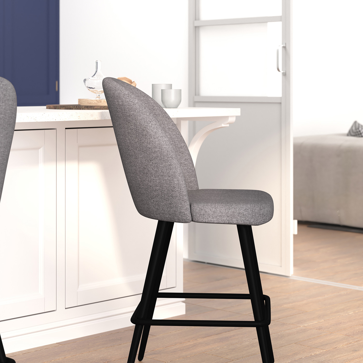 BLNK - Lyla Commercial Faux Linen High-Back Modern Armless Counter Stools with Contoured Backrests, Steel Frames and Footrests Set of 2