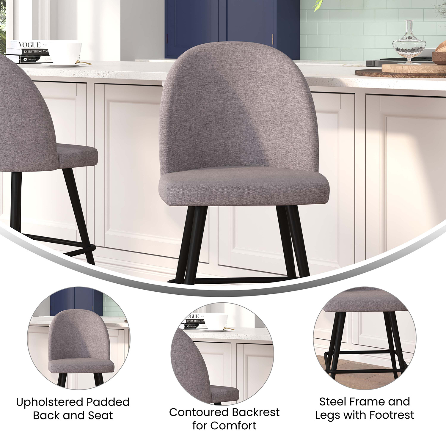 BLNK - Lyla Commercial Faux Linen High-Back Modern Armless Counter Stools with Contoured Backrests, Steel Frames and Footrests Set of 2