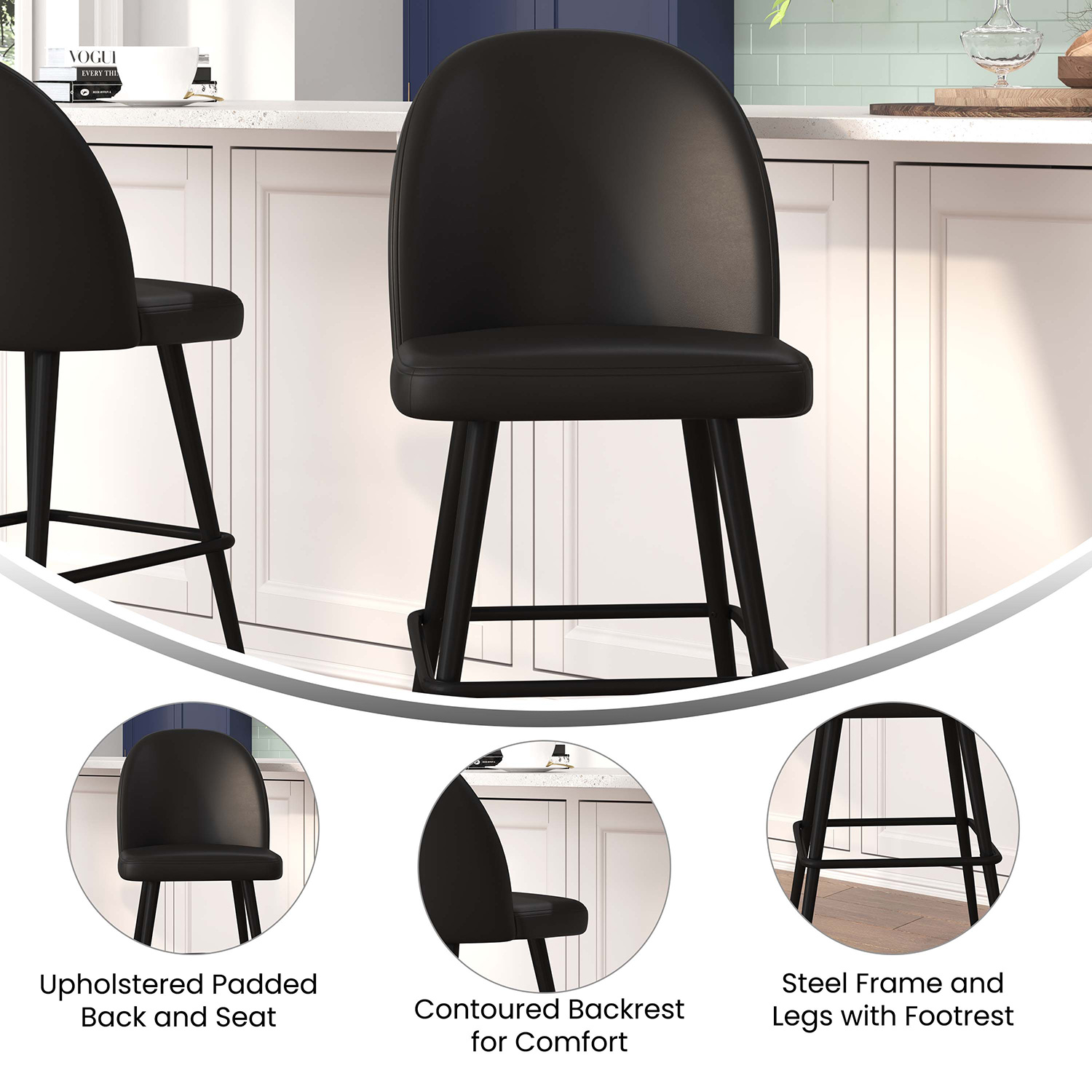 BLNK Lyla Commercial LeatherSoft High Back Modern Armless Bar Stools with Contoured Backrest, Steel Frame and Integrated Footrest Set of 2 - Black