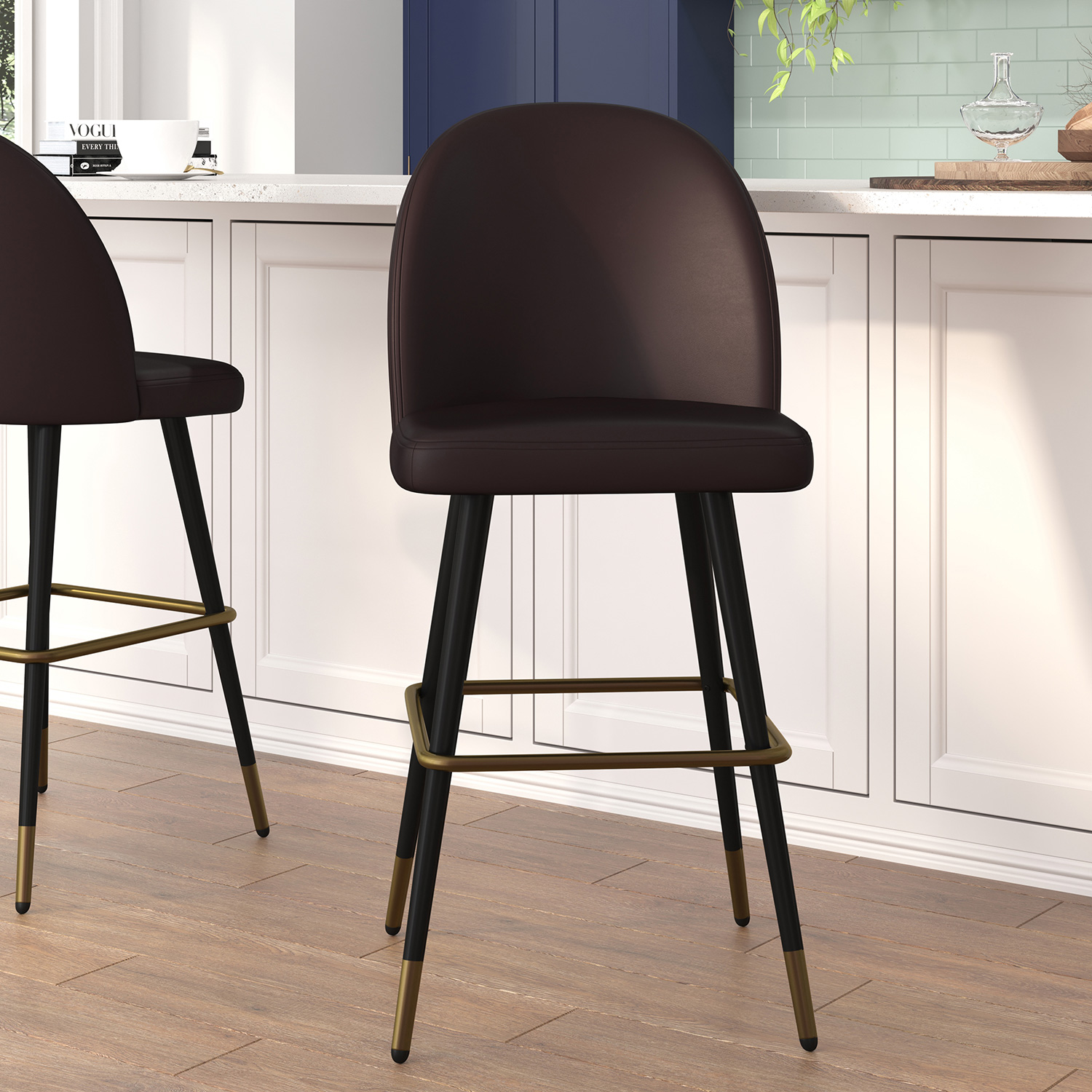 BLNK Lyla Commercial LeatherSoft High Back Modern Armless Bar Stools with Contoured Backrest, Steel Frame and Integrated Footrest Set of 2