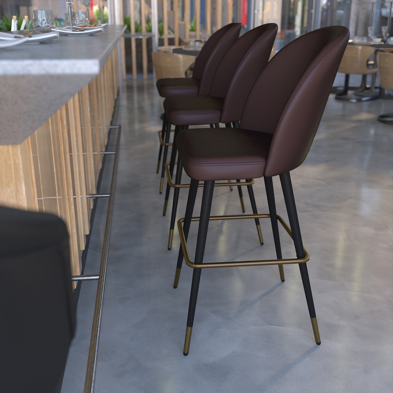 BLNK Lyla Commercial LeatherSoft High Back Modern Armless Bar Stools with Contoured Backrest, Steel Frame and Integrated Footrest Set of 2 - Brown