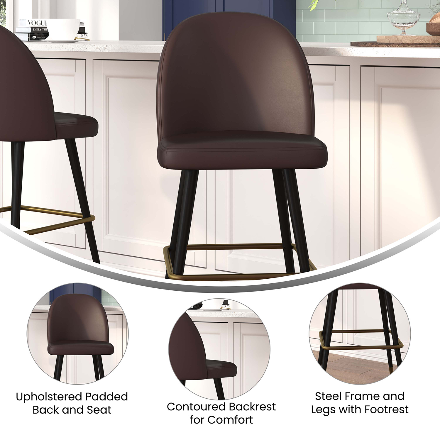 BLNK Lyla Commercial LeatherSoft High Back Modern Armless Bar Stools with Contoured Backrest, Steel Frame and Integrated Footrest Set of 2 - Brown