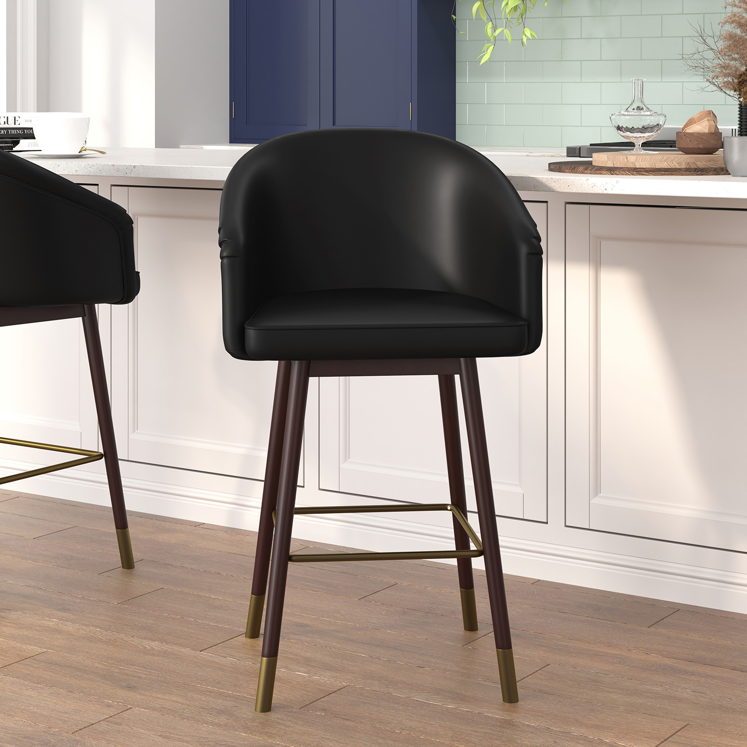 BLNK Margo Commercial LeatherSoft Mid-Back Modern Counter Stool with Walnut Finish Beechwood Legs and Contoured Back