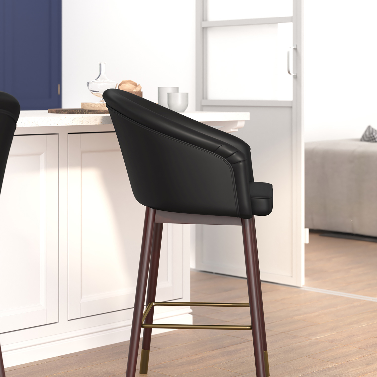 BLNK™ Margo Commercial LeatherSoft Mid-Back Modern Counter Stool with Walnut Finish Beechwood Legs and Contoured Back - Black